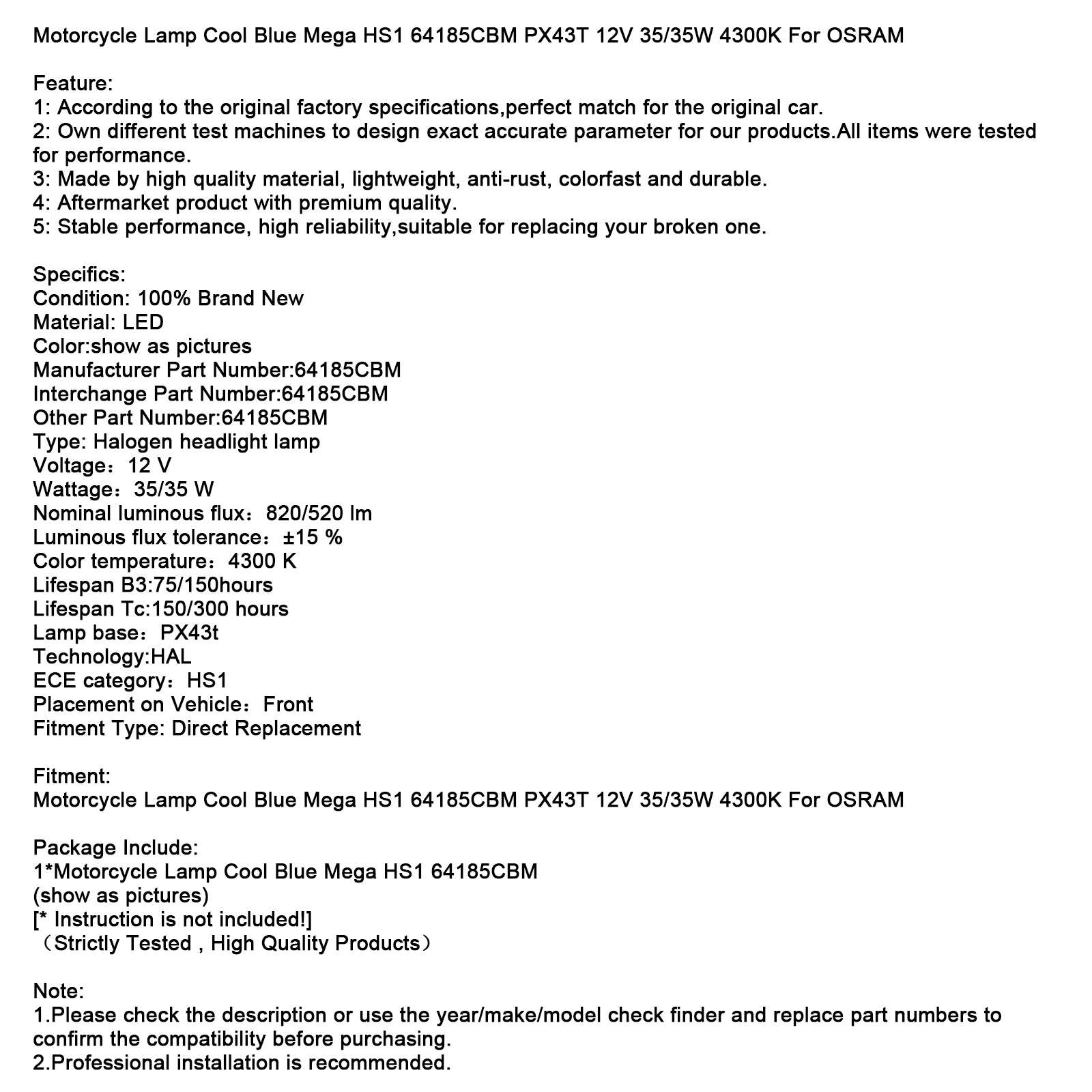 Motocyklová žiarovka Cool modrá mega hs1 64185 cbm px43t 12v 35/35W 4300k pre Osram