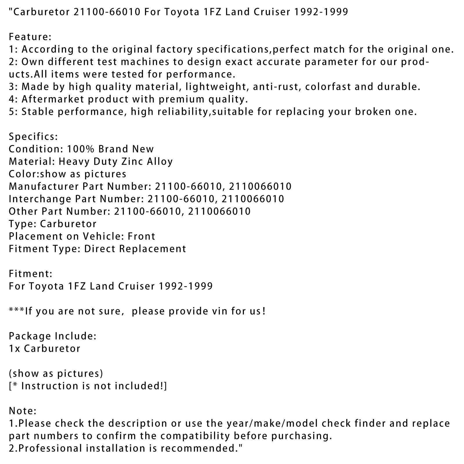 1992-1999 Toyota 1FZ Landcruiser carburateur 21100-66010