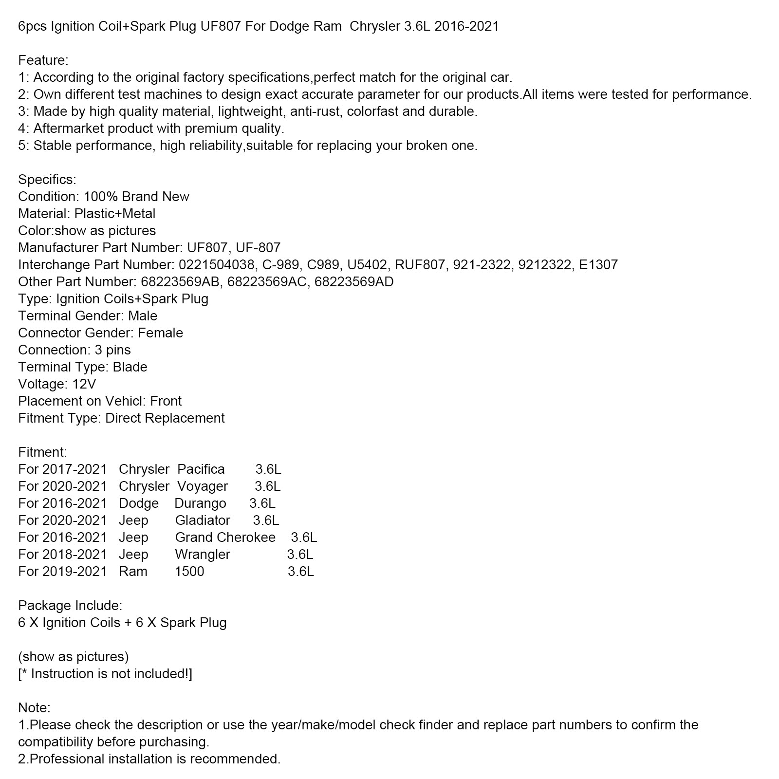 6ks zapaľovacia cievka+Zapaľovacia sviečka UF807 pre Dodge Ram Chrysler 3.6L 2016-2021