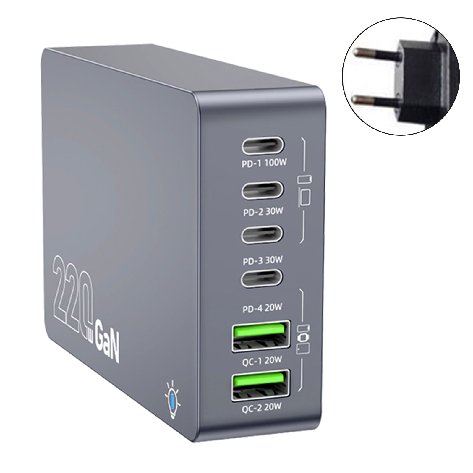F8A Desktop Charging Station USB 6-Port Fast Charger PD100W ladestativ Smart lader EU-plugg