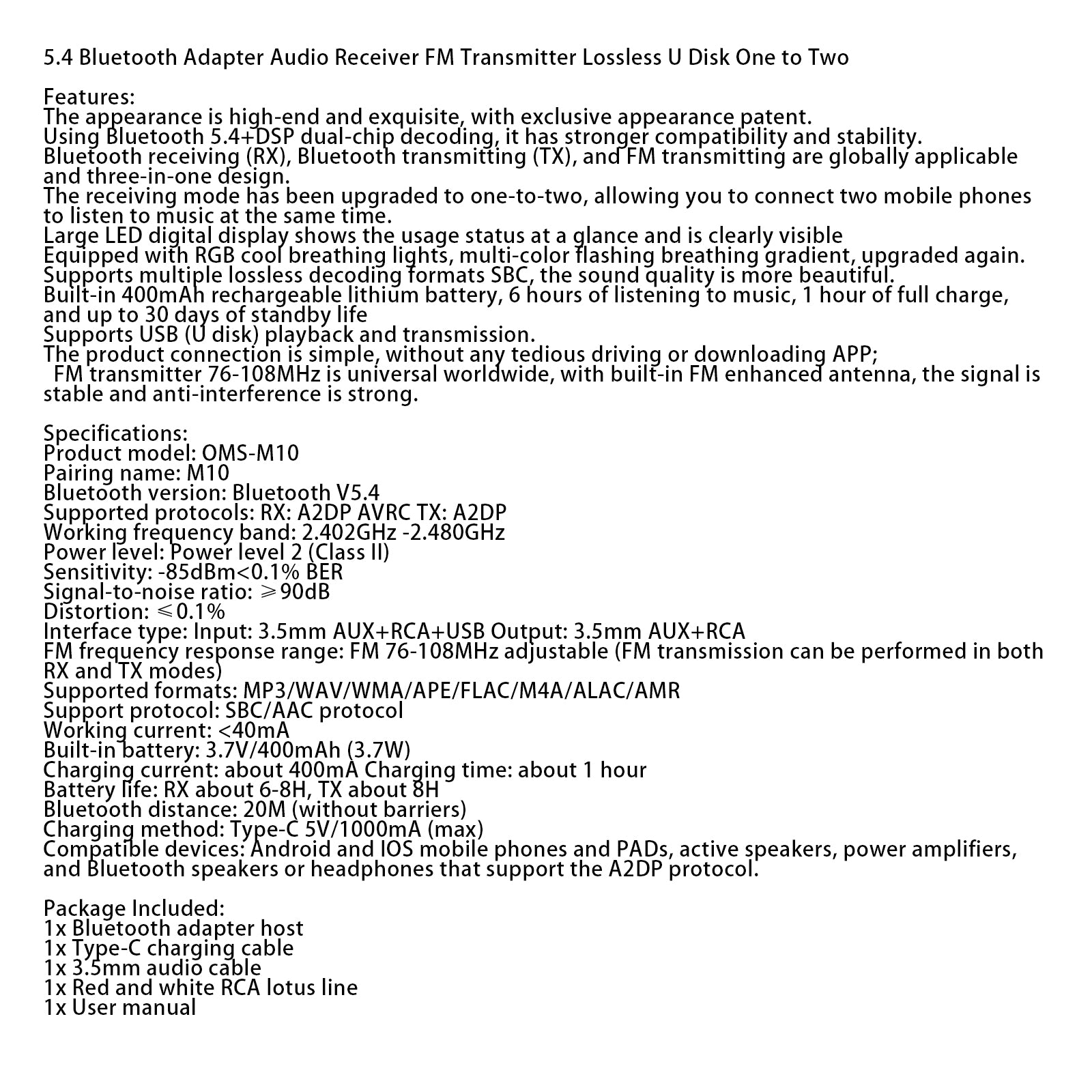 5.4 Receptor Bluetooth Adaptador de audio Transmisor FM Disco U sin pérdidas Uno a dos