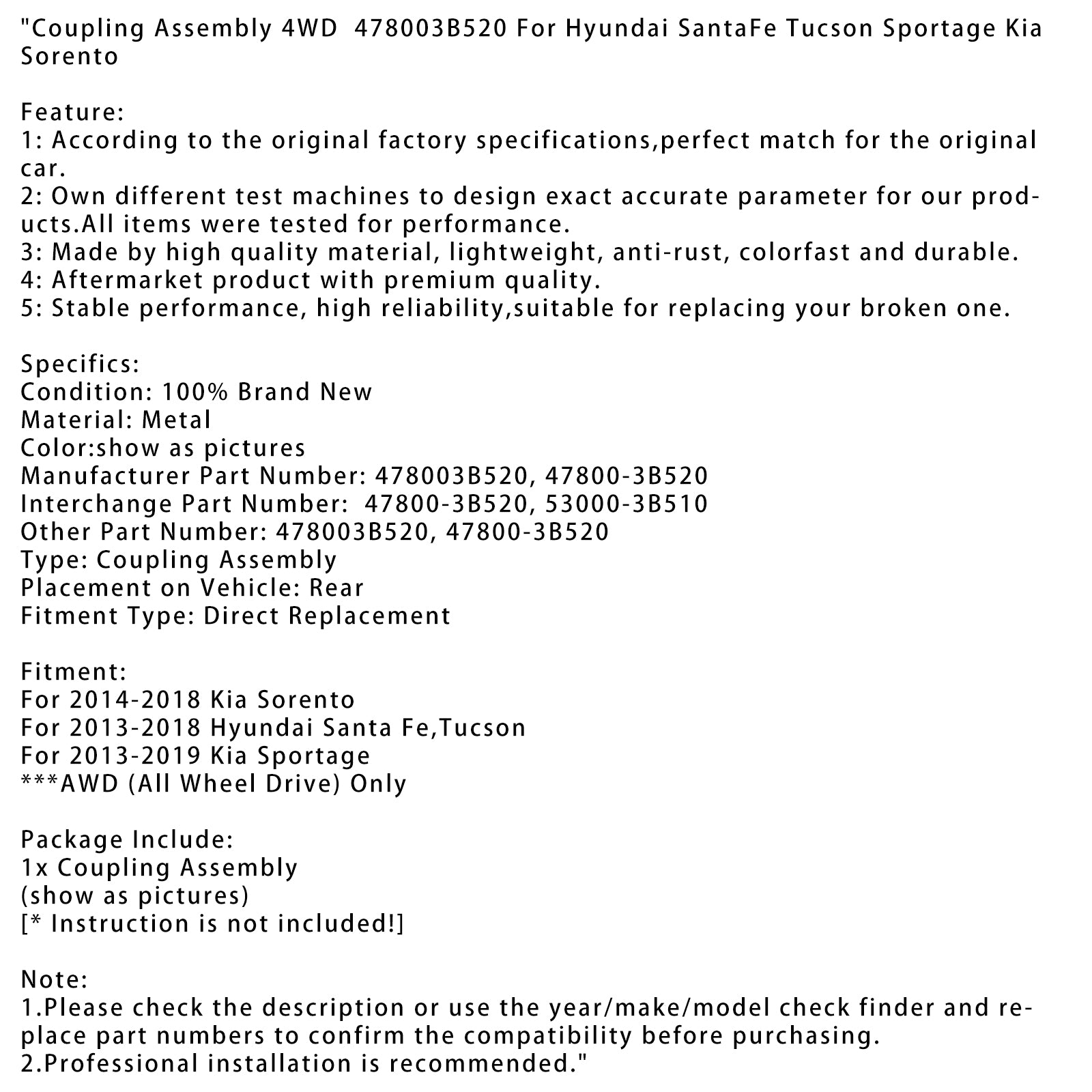 Conjunto de acoplamiento para Hyundai SantaFe Tucson Sportage Kia 4WD 478003B520