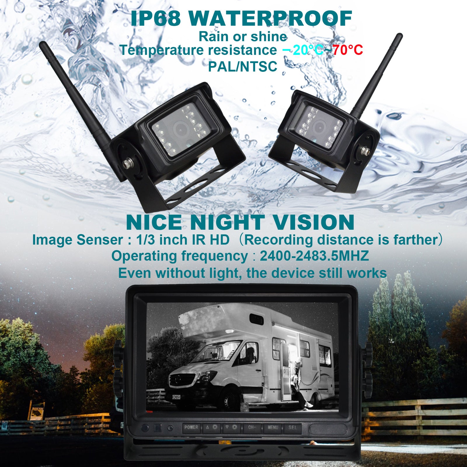 7" AHD 1080P draadloze 2CH achteruitrijcamera-kit voor vrachtwagentrailers