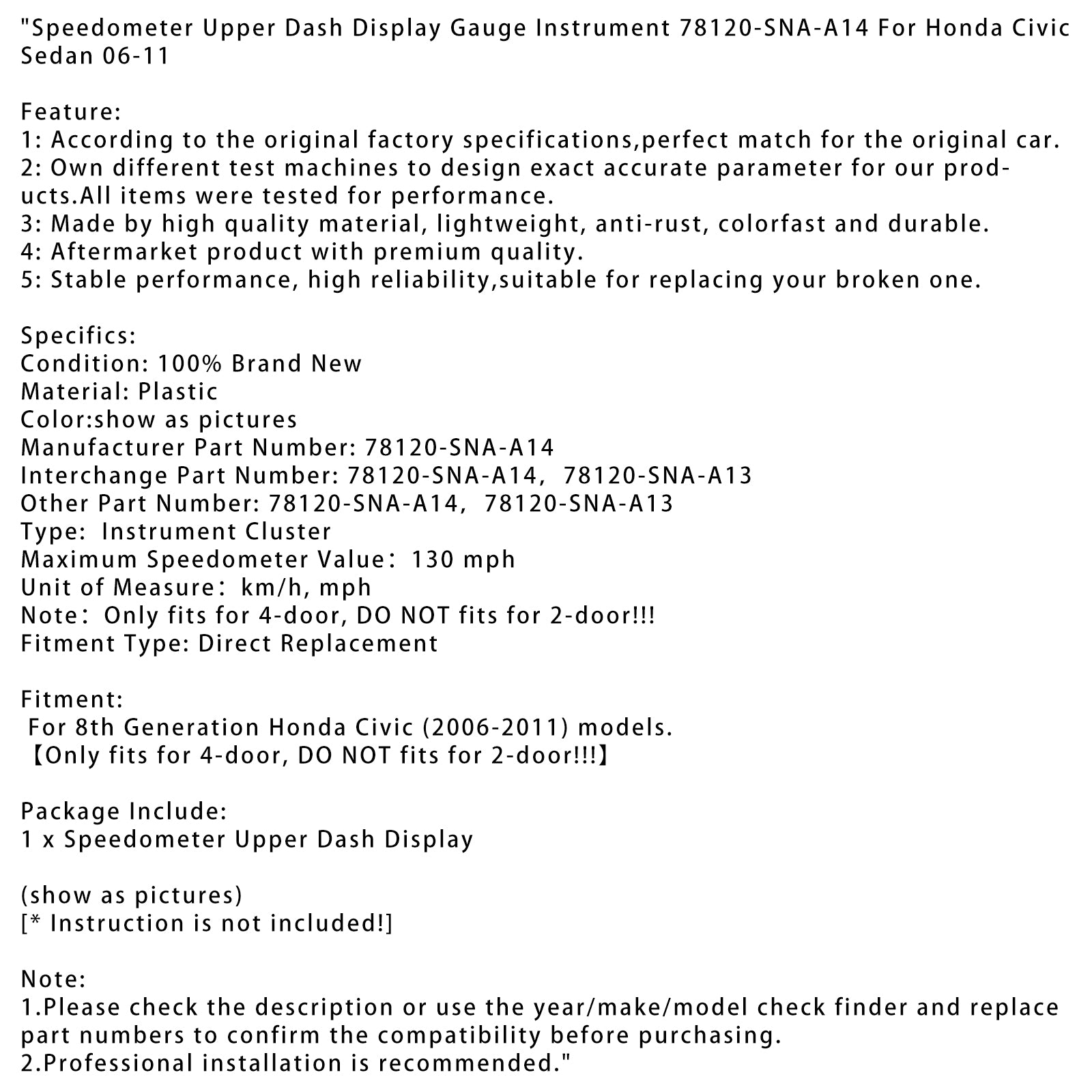 2006-2011 8: e generationen Honda Civic Speedometer Upper Dash Display Gauge Instrument