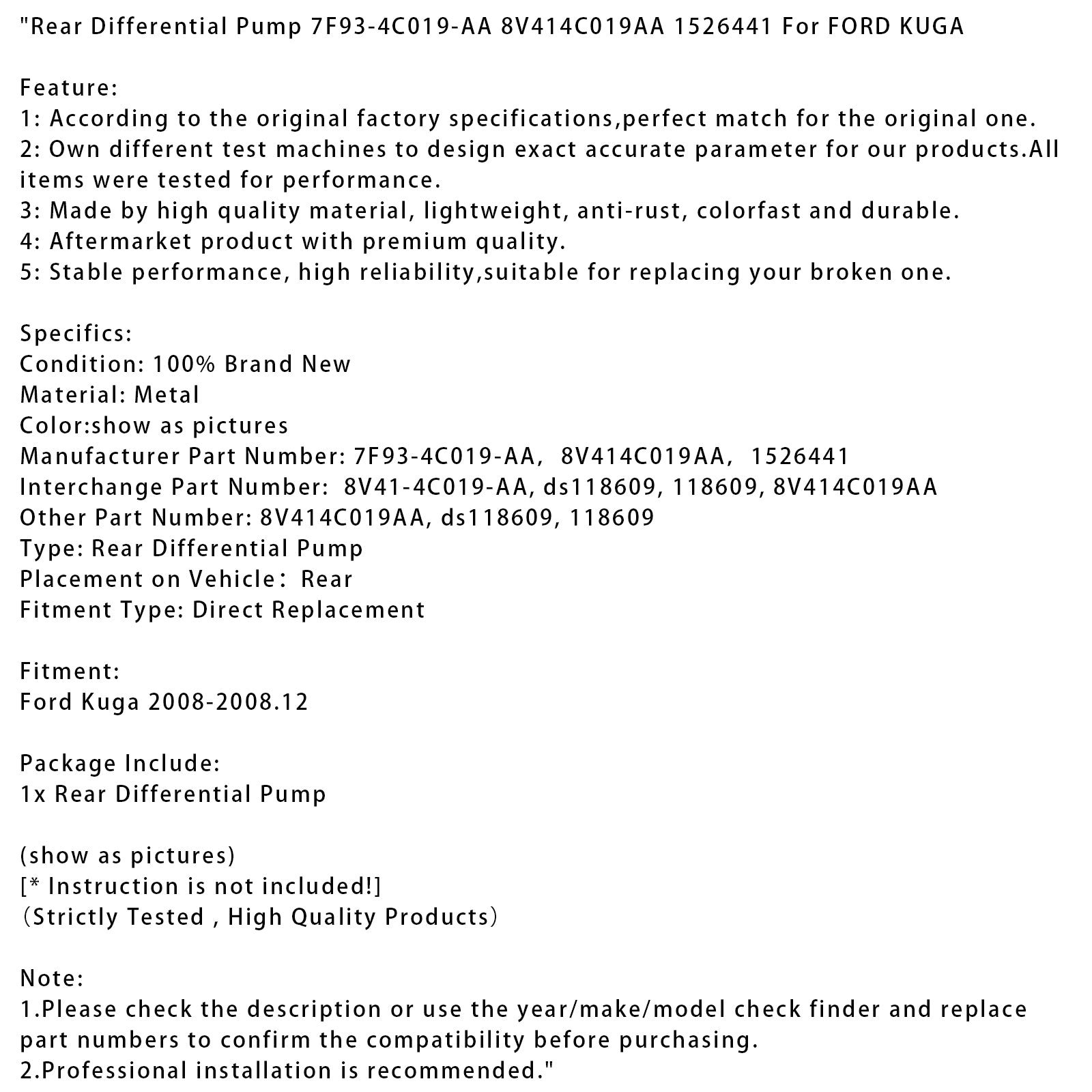 2008-2008.12 FORD KUGA Bomba Diferencial Trasera 7F93-4C019-AA 8V414C019AA 1526441