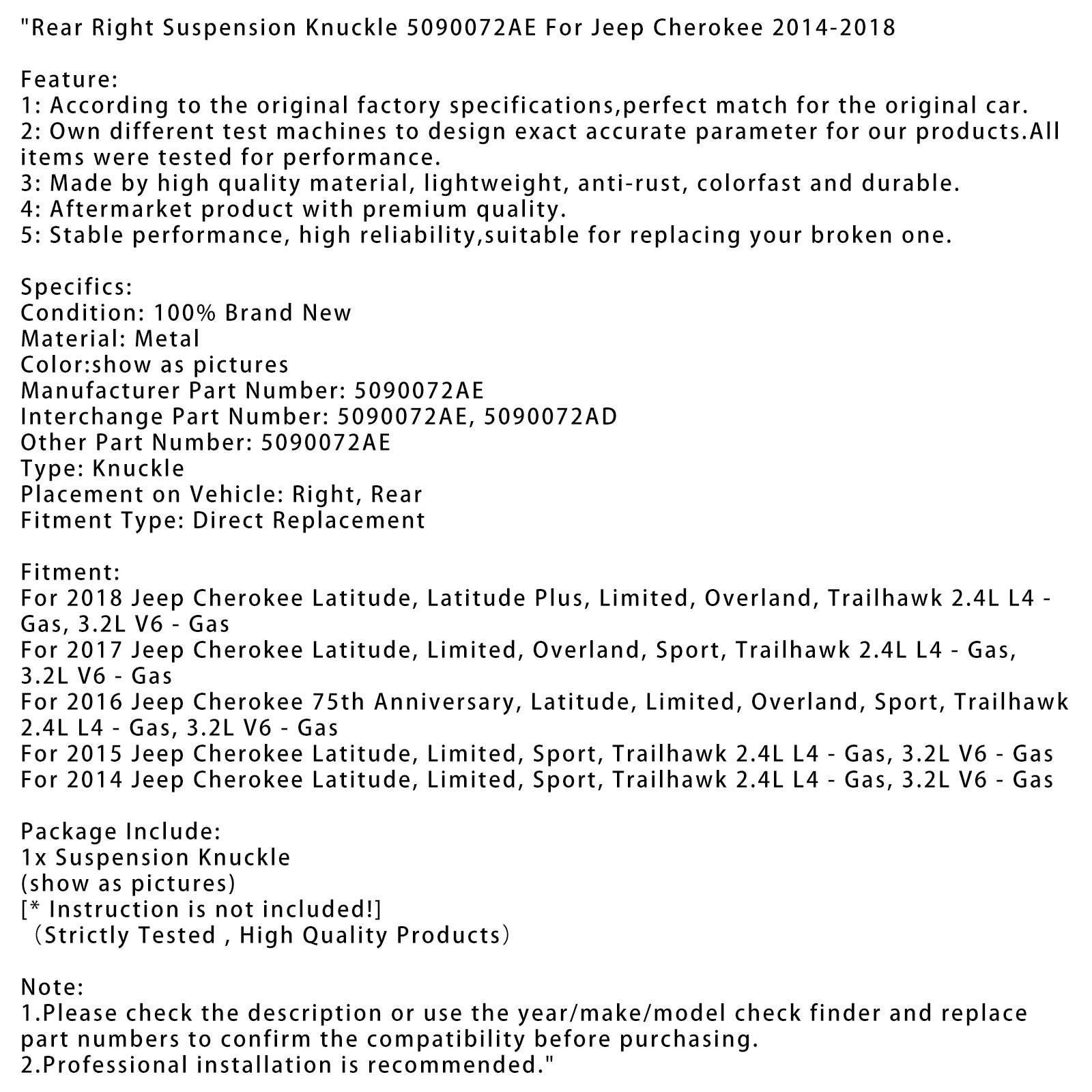 2015 Jeep Cherokee Latitude, Limited, Sport, Trailhawk Suspensão direita Knuckle 5090072AE