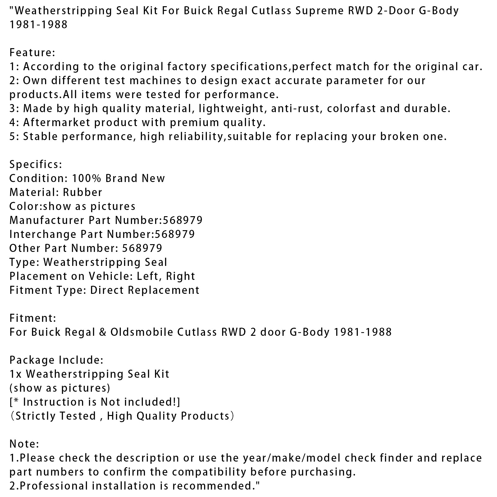 1981-1988 Buick Regal Cutlass RWD 2-Door G-Body Weatherstripping Seal Kit 568979