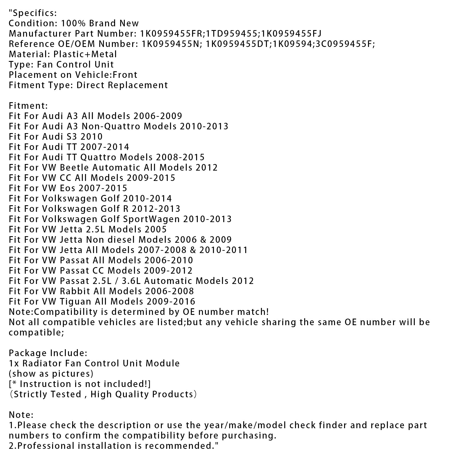 Radiator Fan Control Module For VW Golf Jetta Passat Audi A3 TT 1K0959455FR