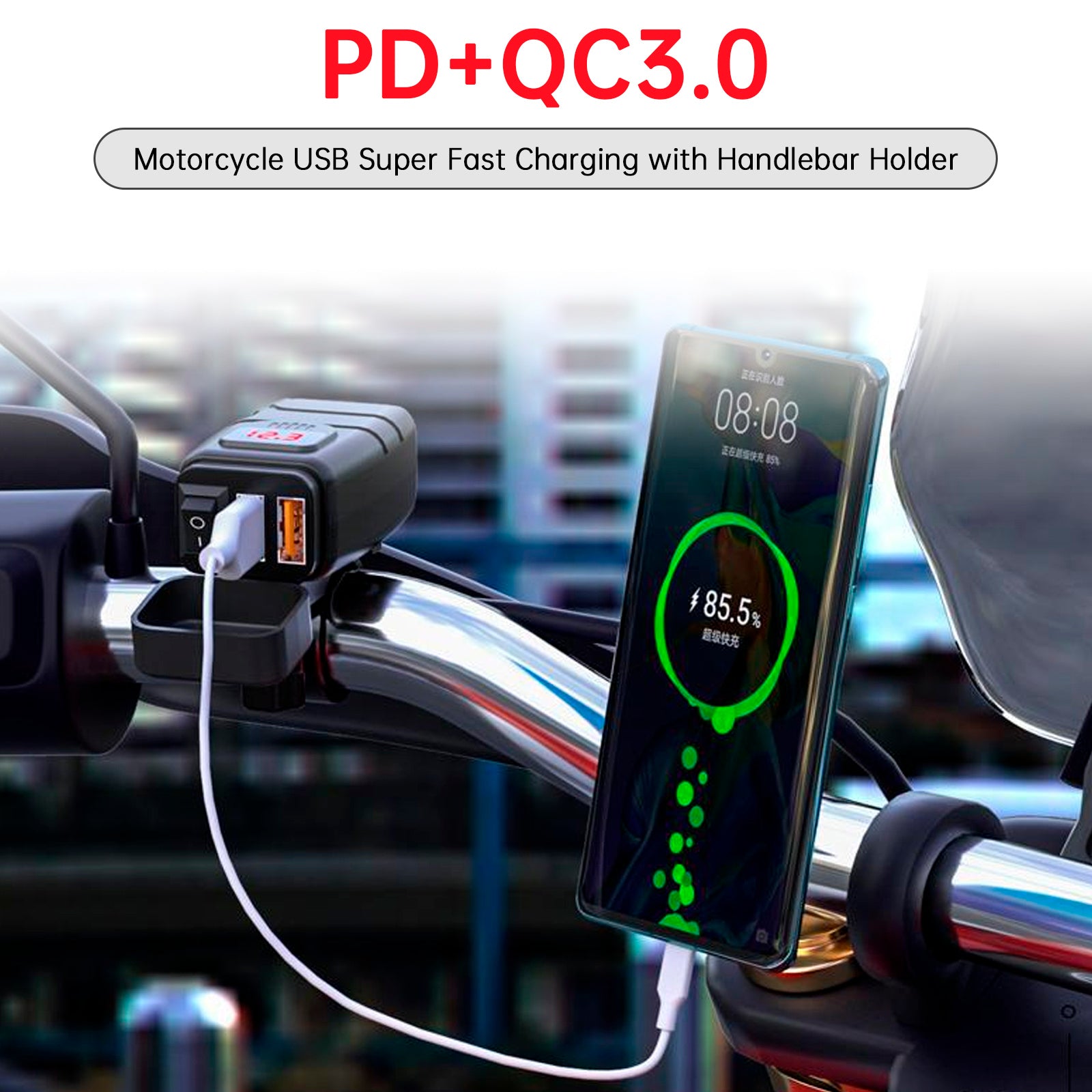 MOTORCYCLE USB SUPER FAST LARGARELEGEBAR HOLDER PD+QC3.0 TPYE-C Power Adapter