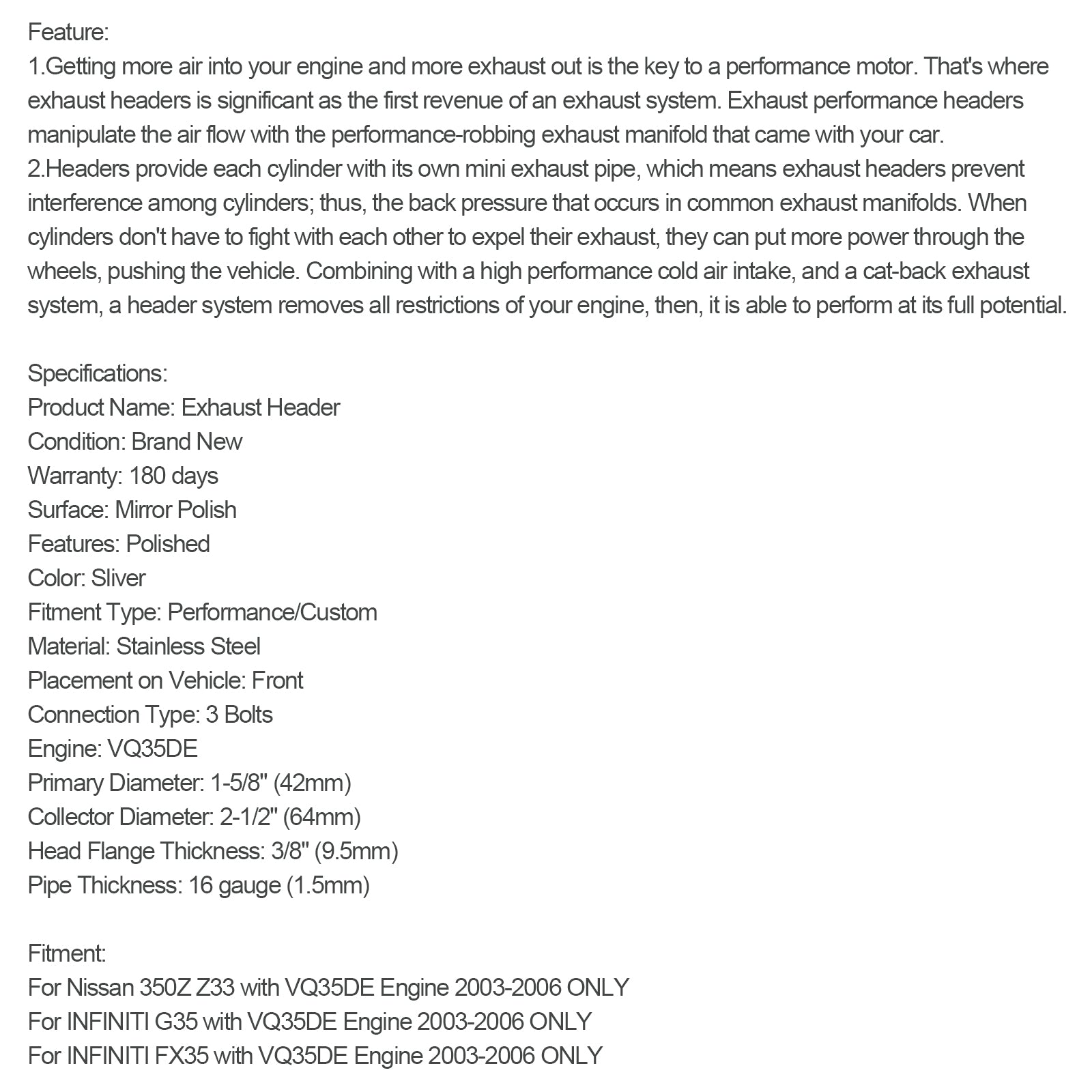 En-têtes Shorty Fit Nissan 350Z Z33 03-06 Fit Infiniti G35 FX35 VQ35DE V6 3,5L