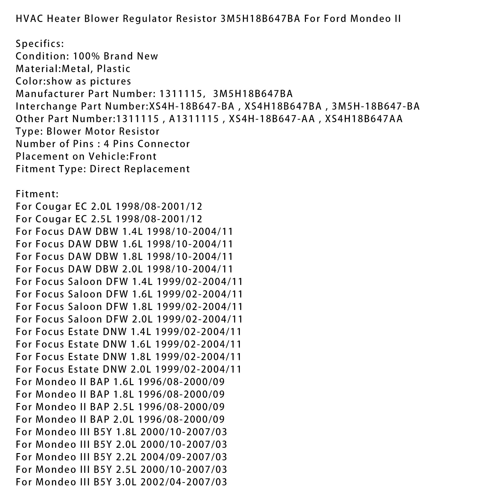 HVAC Heater Blower Regulator Weerstand 3M5H18B647BA Voor Ford Mondeo II