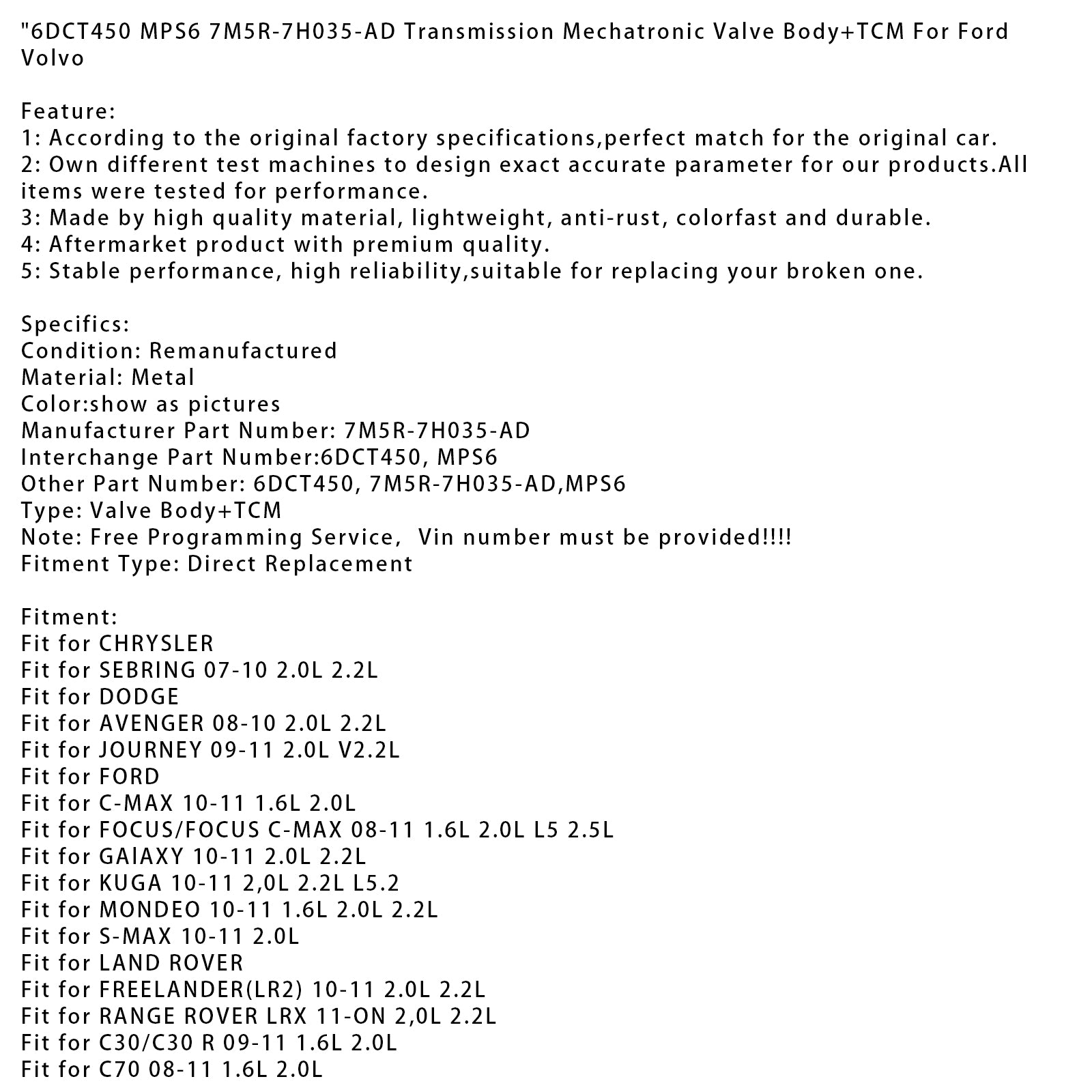 2008-2011 LAND ROVER C70 1.6L 2.0L Transmission Mechatronic Valve Body+TCM 6DCT450 MPS6 7M5R-7H035-AD