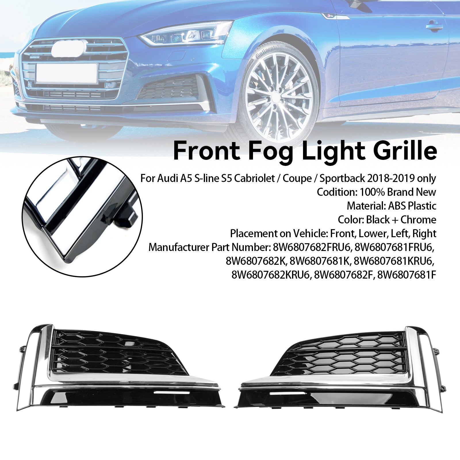 2st Front Bumper Fog Light Grille Cover Trim Fit Audi S5 A5 S-Line 2018-2019