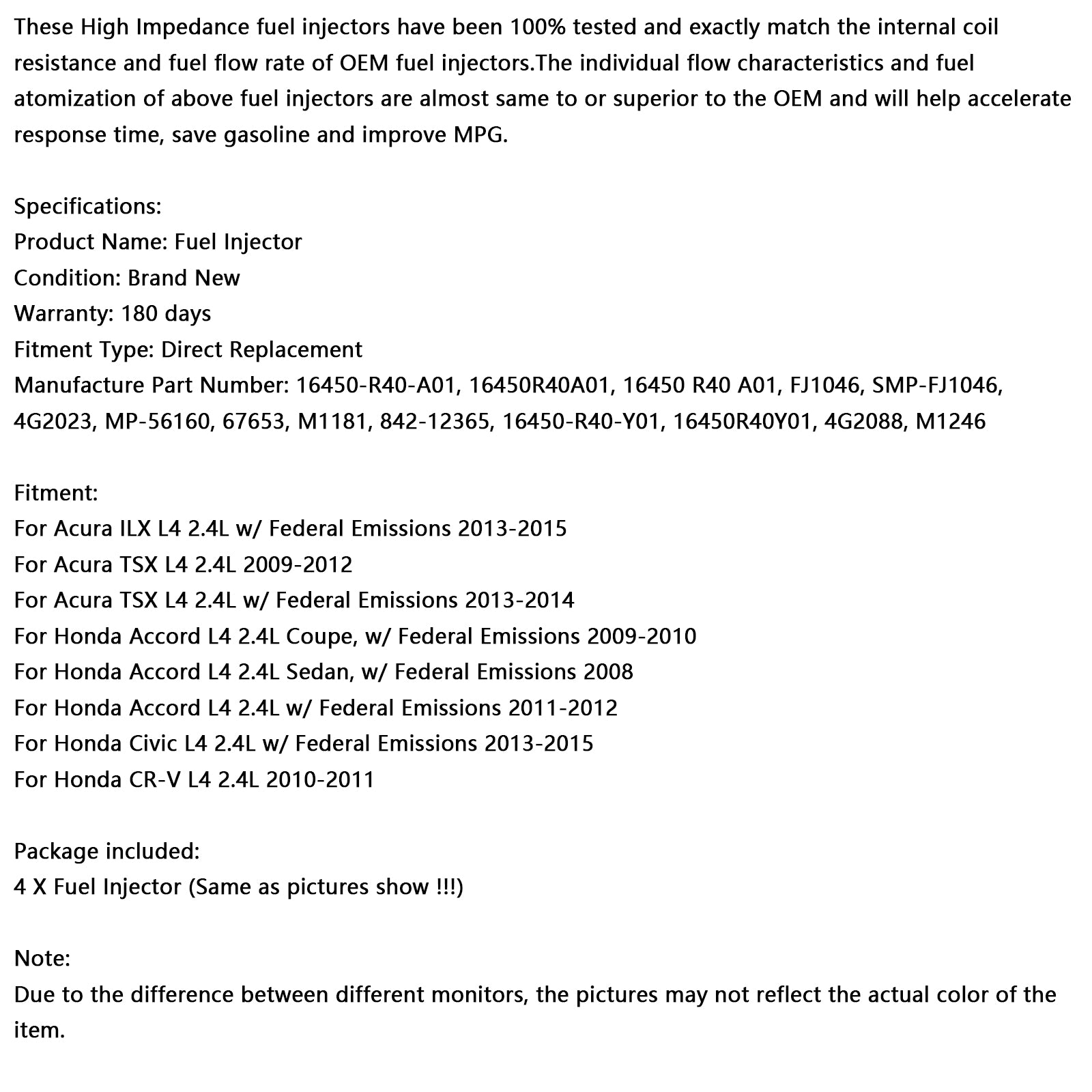 4st bränsleinsprutare 16450-R40-A01 Passar Honda Accord Civic CRV 2.4L 2008-2015