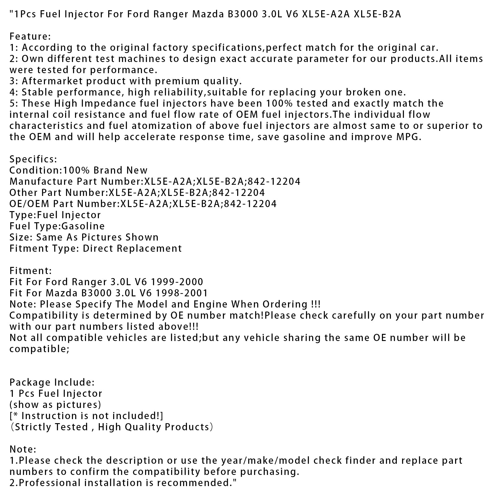 1Pcs Fuel Injector For Ford Ranger Mazda B3000 3.0L V6 XL5E-A2A XL5E-B2A