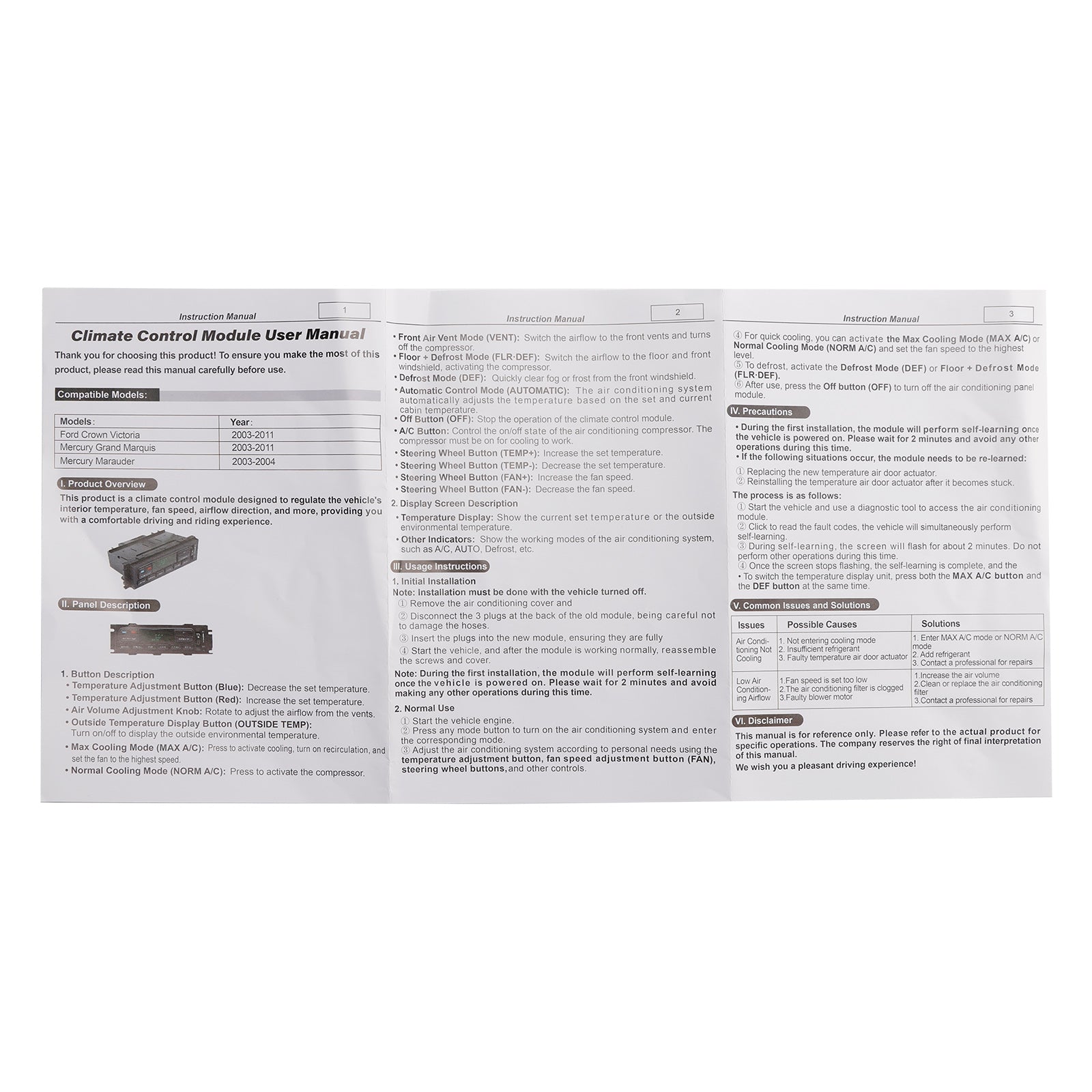 3W7Z19980AA AC Heater Climate Control Panel Module for Mercury Grand Marquis 2003-2011