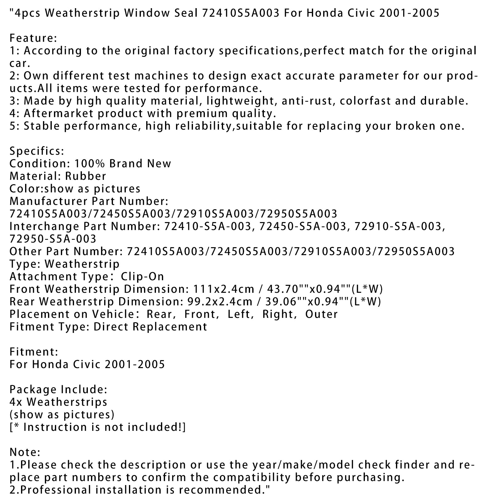 2001-2005 Honda Civic 4-delige tochtstrip raamafdichting 72410S5A003