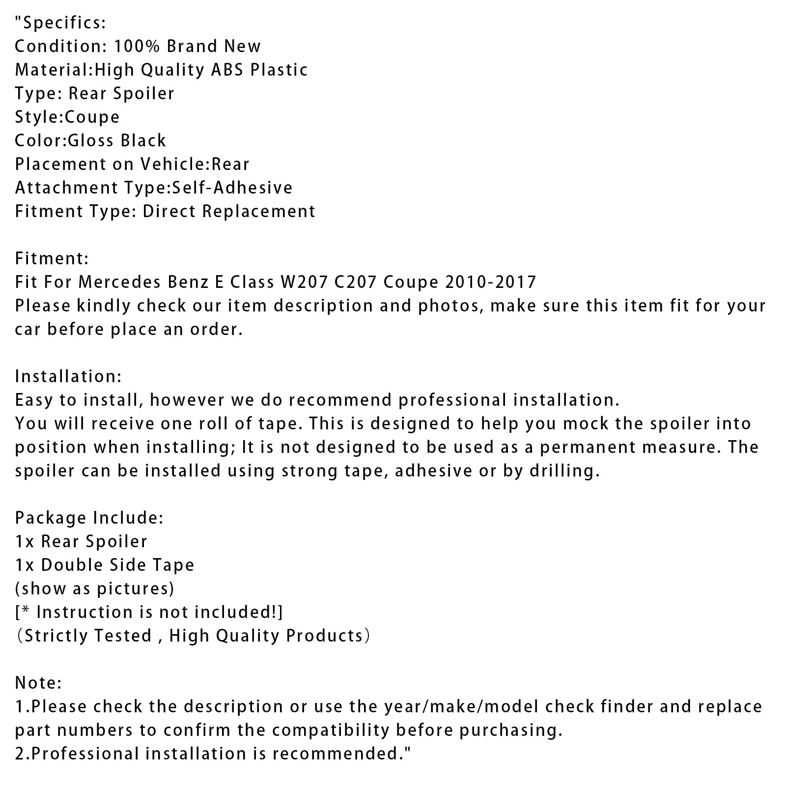 Mercedes-Benz triedy E, roky 2010 – 2017 W207 Zadný spojler Coupe, lesklý čierny