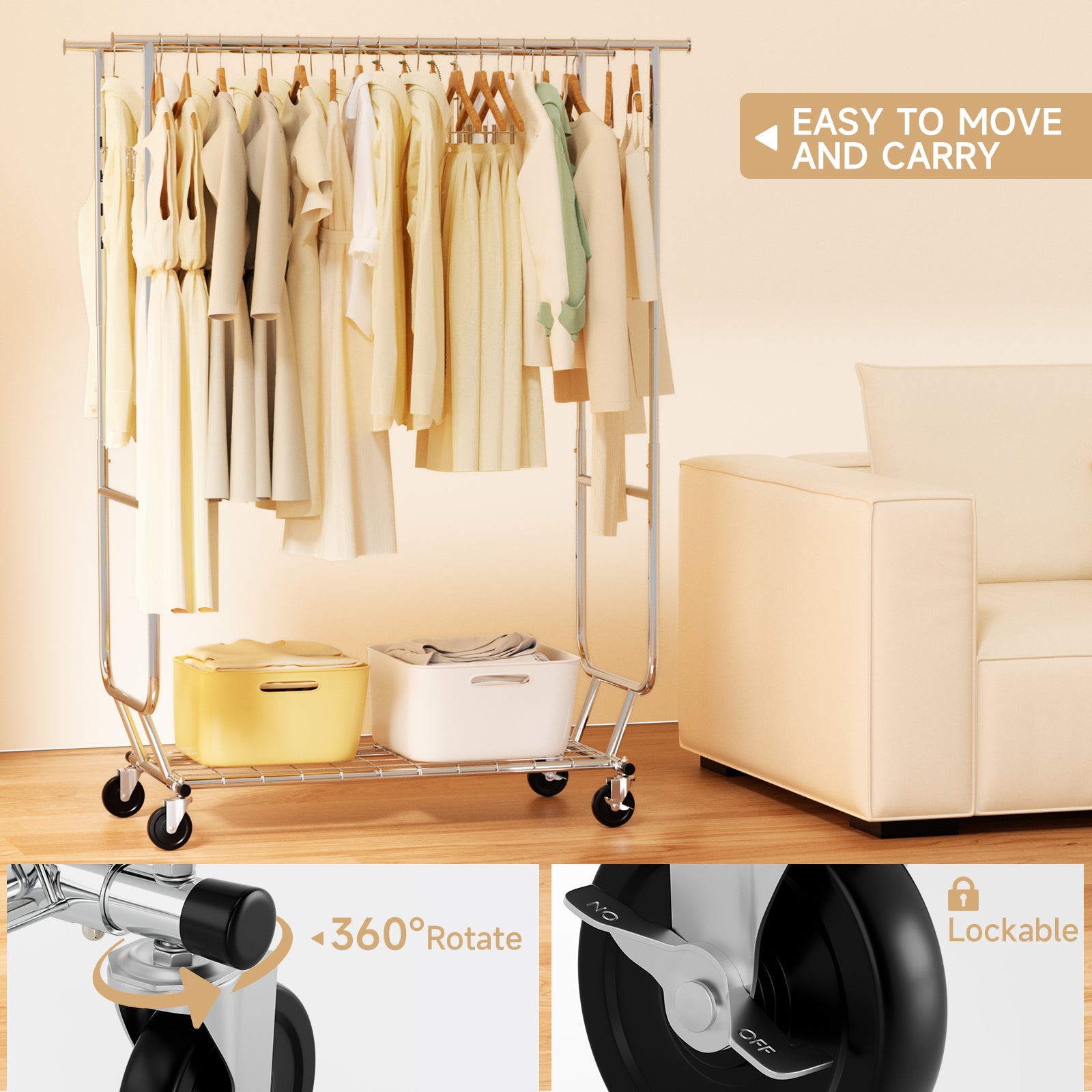 660lbs Clothing Racks with Wheels Heavy Duty Clothes Rack Metal Clothes Storage Portable Closet