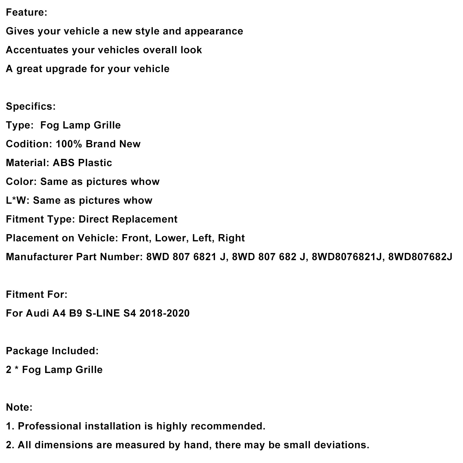 2018-2020 Audi A4 B9 S4 S4 Black Fog Fog Light Grille Trim Cover