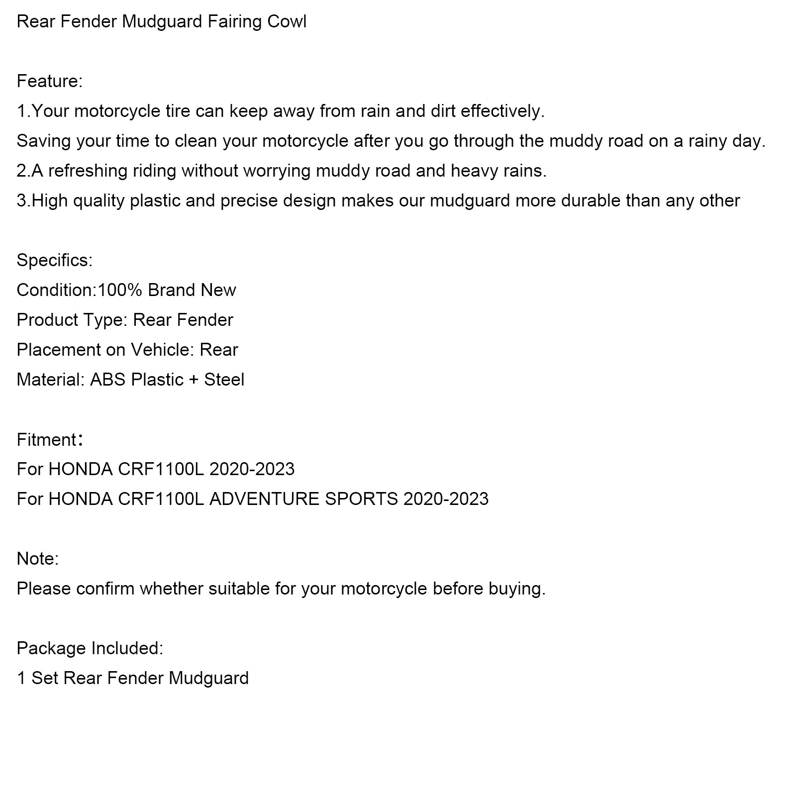 2020-2023 Honda CRF1100L Fender de garde-boue arrière