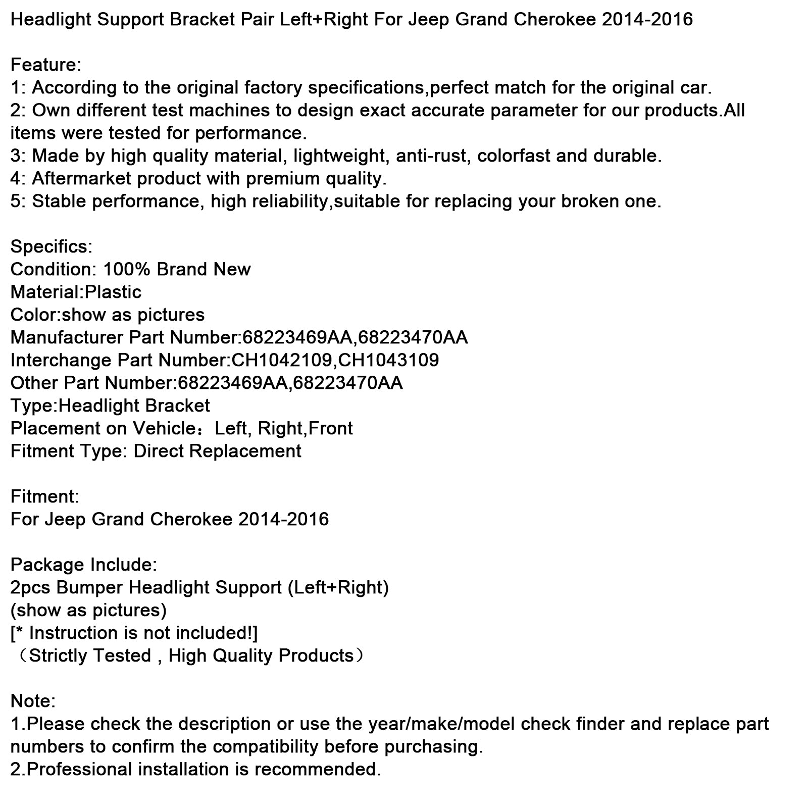 2014-2016 Jeep Grand Cherokee Headlight Support Bracket Pair Left+Right