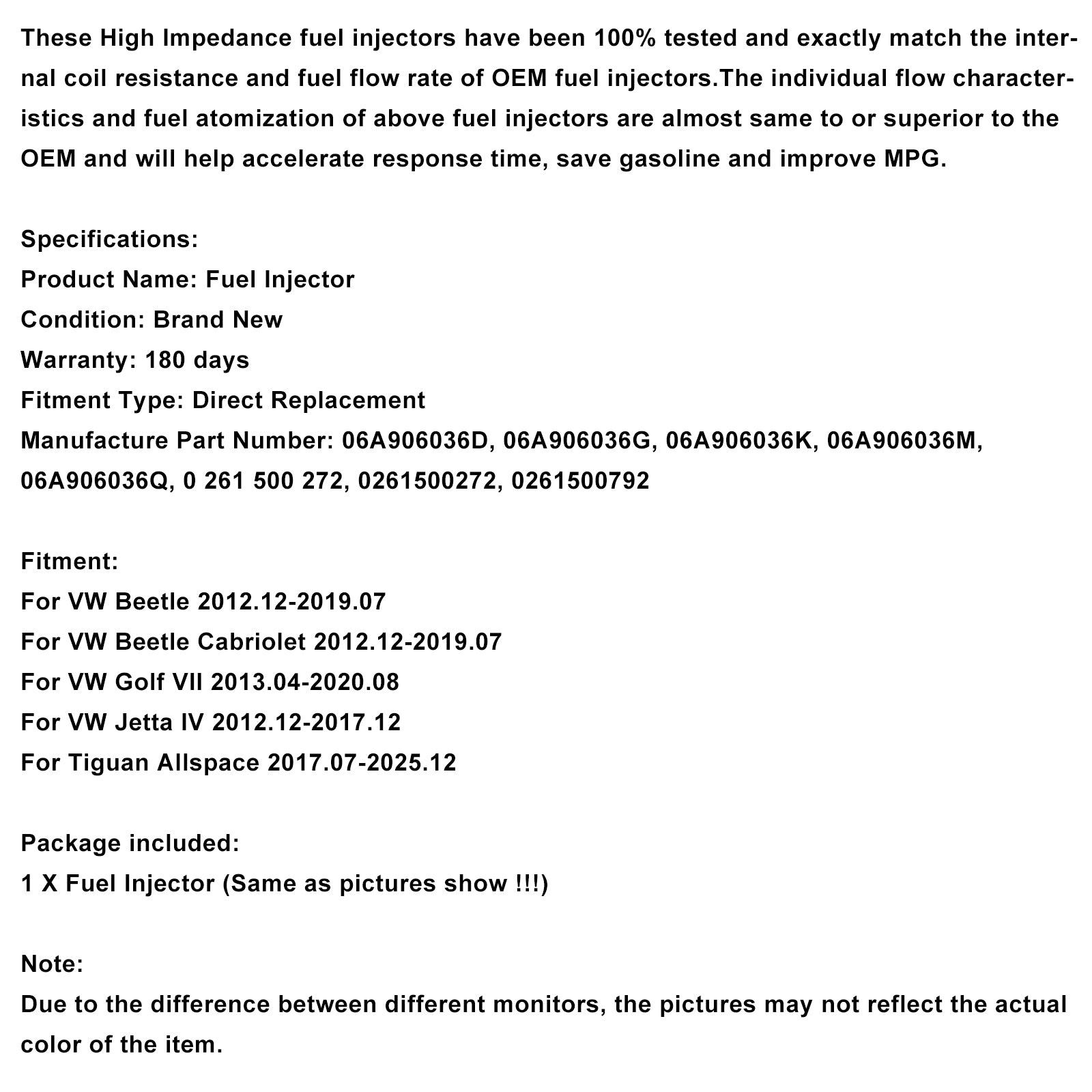 1PCS Fuel Injector 0261500792 Fit VW Beetle Golf Jetta Tiguan 2.0L 06A906036Q