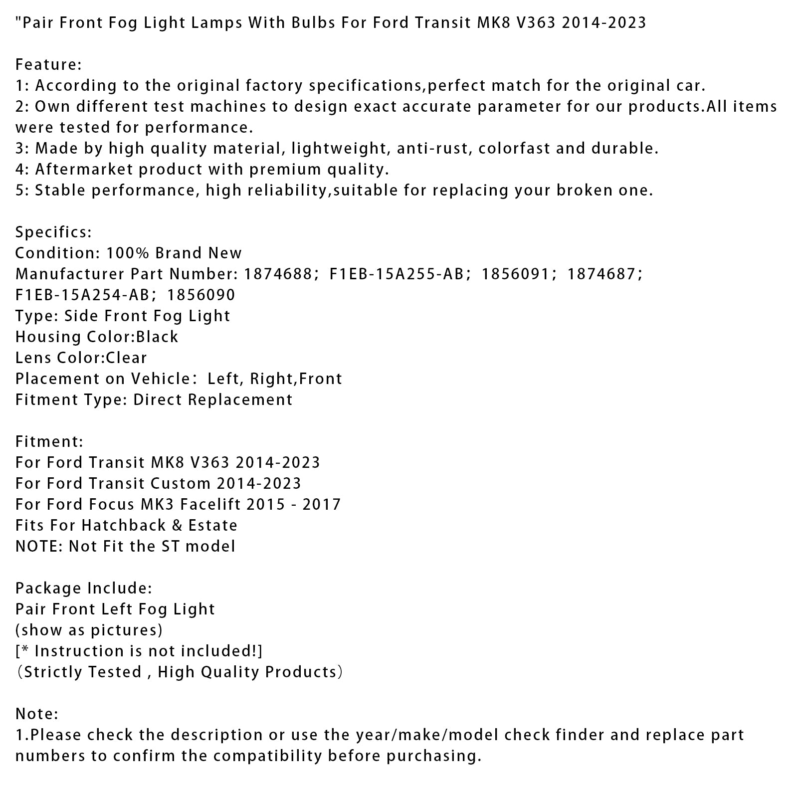 Paar mistlampen voor met lampen voor Ford Transit Custom 2014-2023