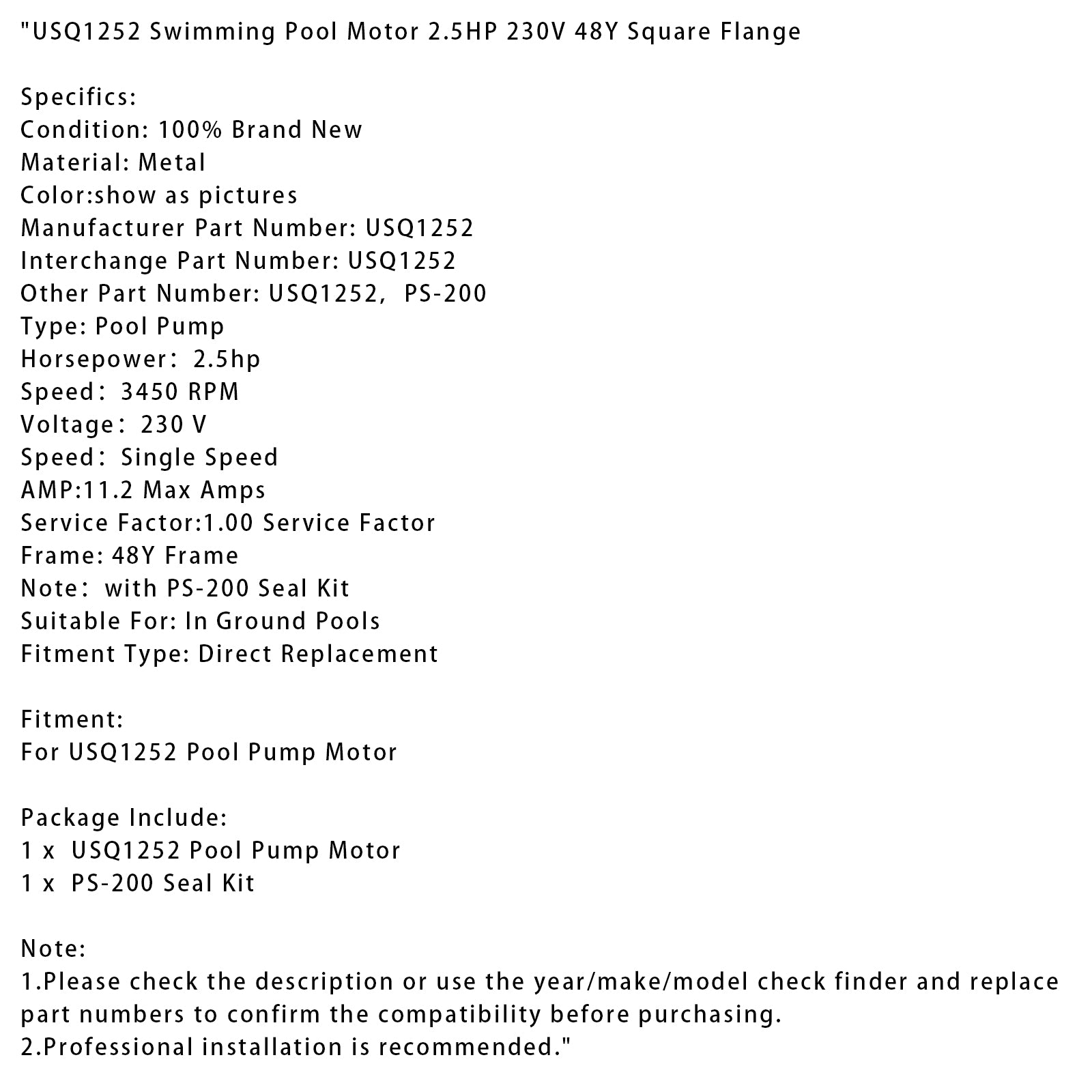 USQ1252 Motor plaveckého bazénu 2,5 HP 230V 48Y SQURE PRÍRAVA S súpravami PS-200