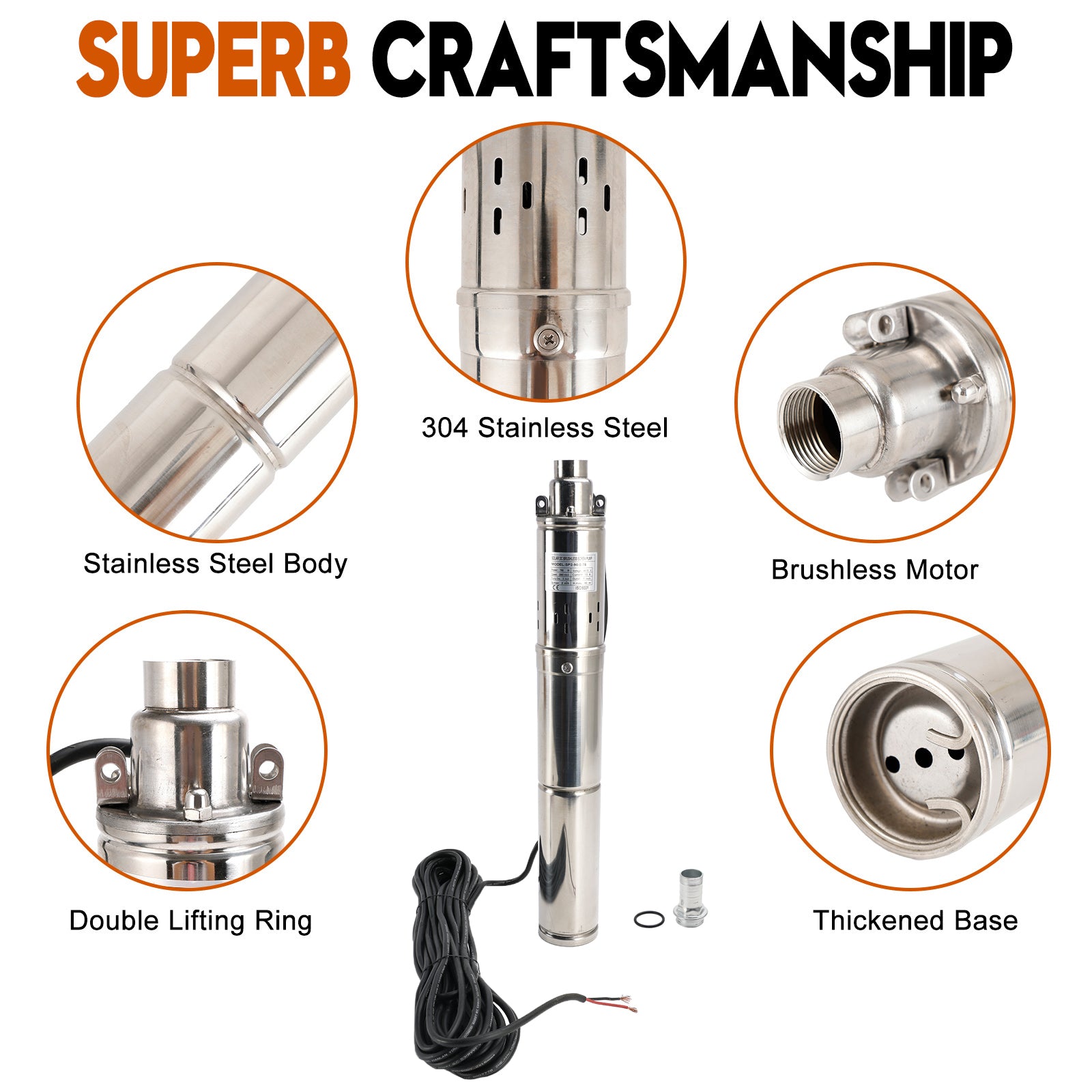 3" 48V 750W dypbrønn solcelledrevet nedsenkbar borehullsvannpumpe innebygd MPPT