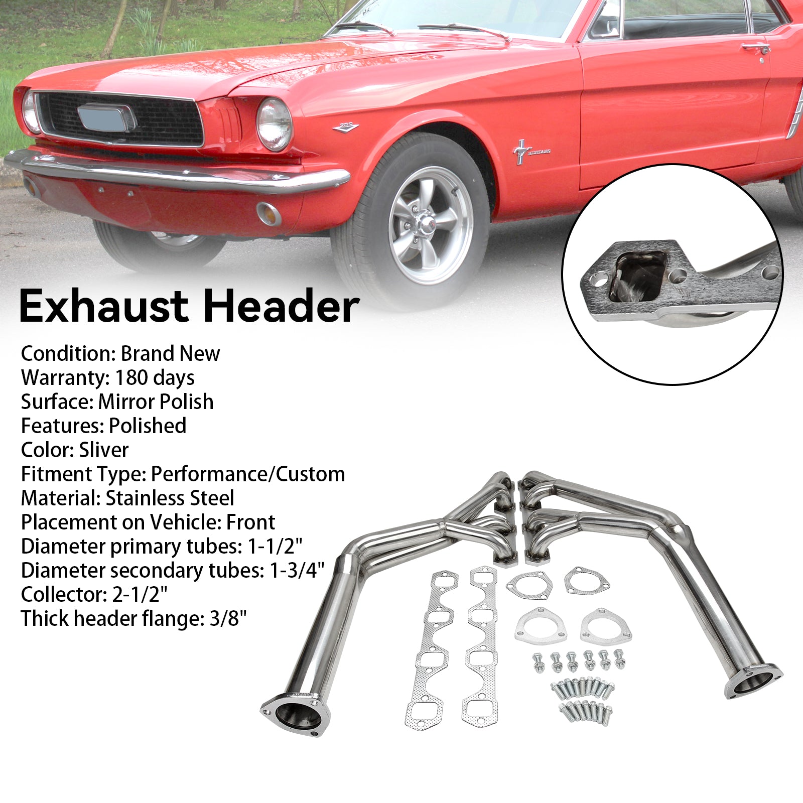 Colector de cabecera compatible con Mustang 260/289/302 V8 64-70 Tri-y Header de acero inoxidable