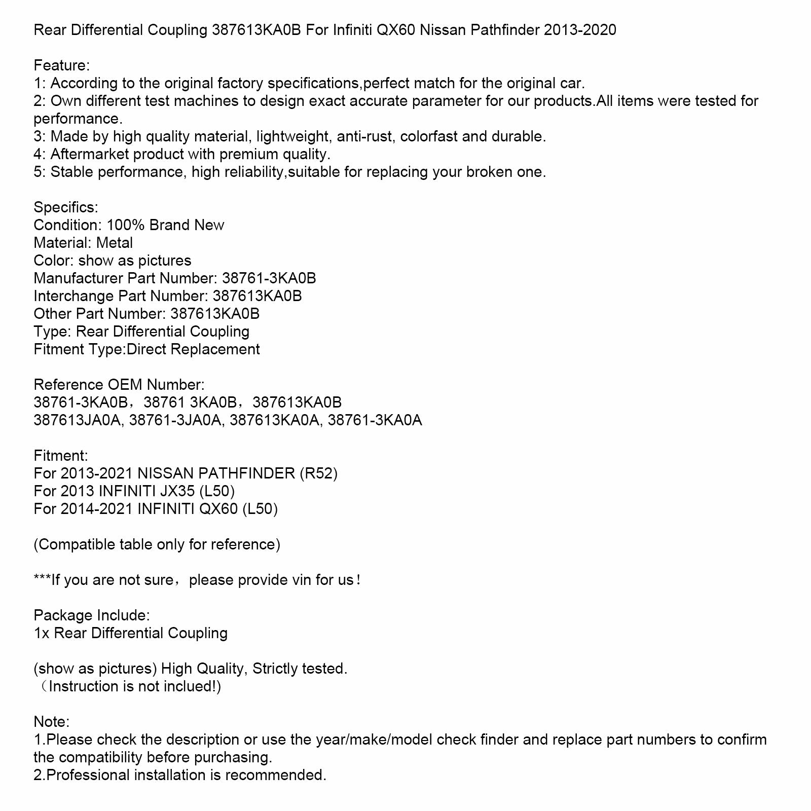 2014-2021 Infiniti QX60 (L50) Bakre differentiell koppling 387613KA0B