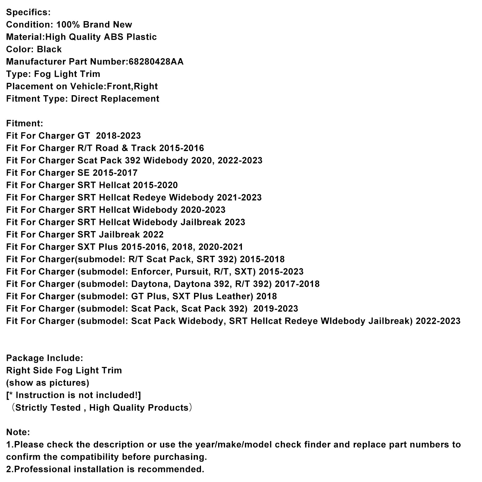 Høyre side tåkelys ramme for dodge lader 2015-2022 68280428aa
