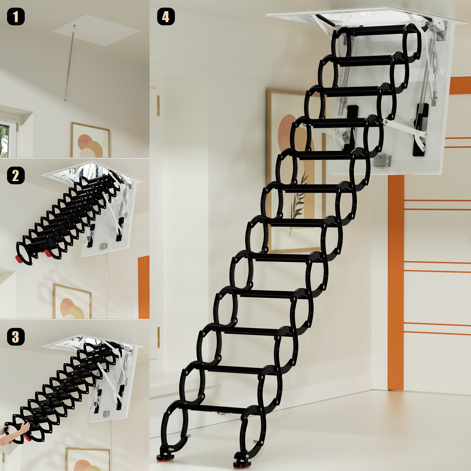 12 Steps Black Loft Wall Folding Pulldown Attic Ceiling Ladder Stairs 39.4*27.6"