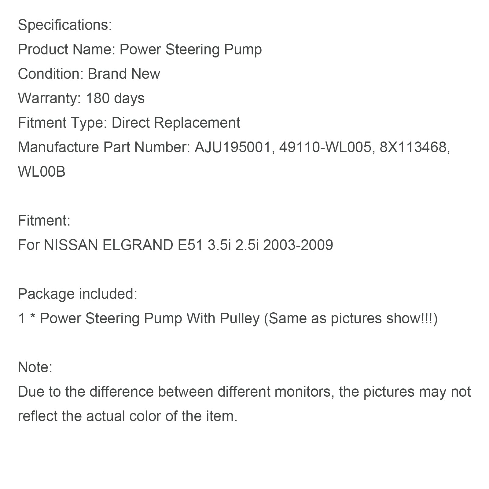 Power Steering Pump 8X113468 Fit Nissan Elgrand E51 3.5I 2.5I 2003-2009