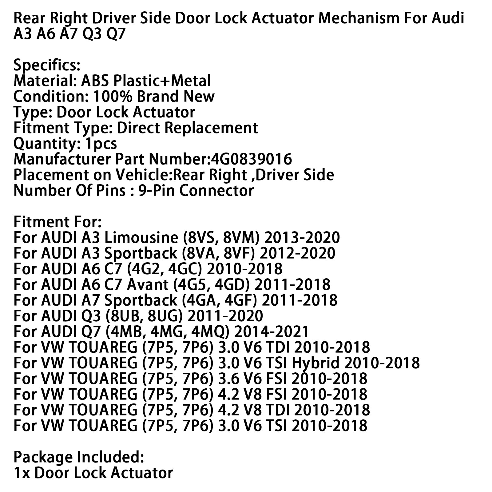 Bak höger förarsida Dörrlås Ställdon 4G0839016 För Audi A3 A6 A7 Q3 Q7