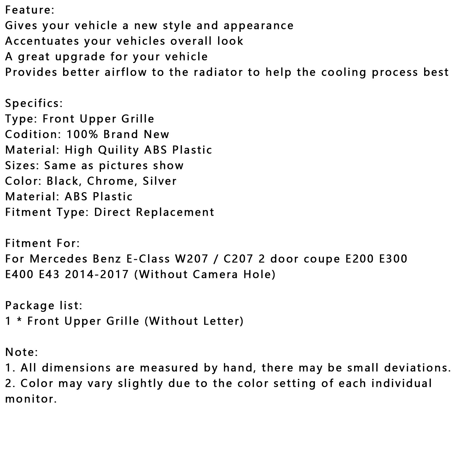 2014-2017 Mercedes Benz E-CLASS W207 Coupe Front Bumper Grill Grille