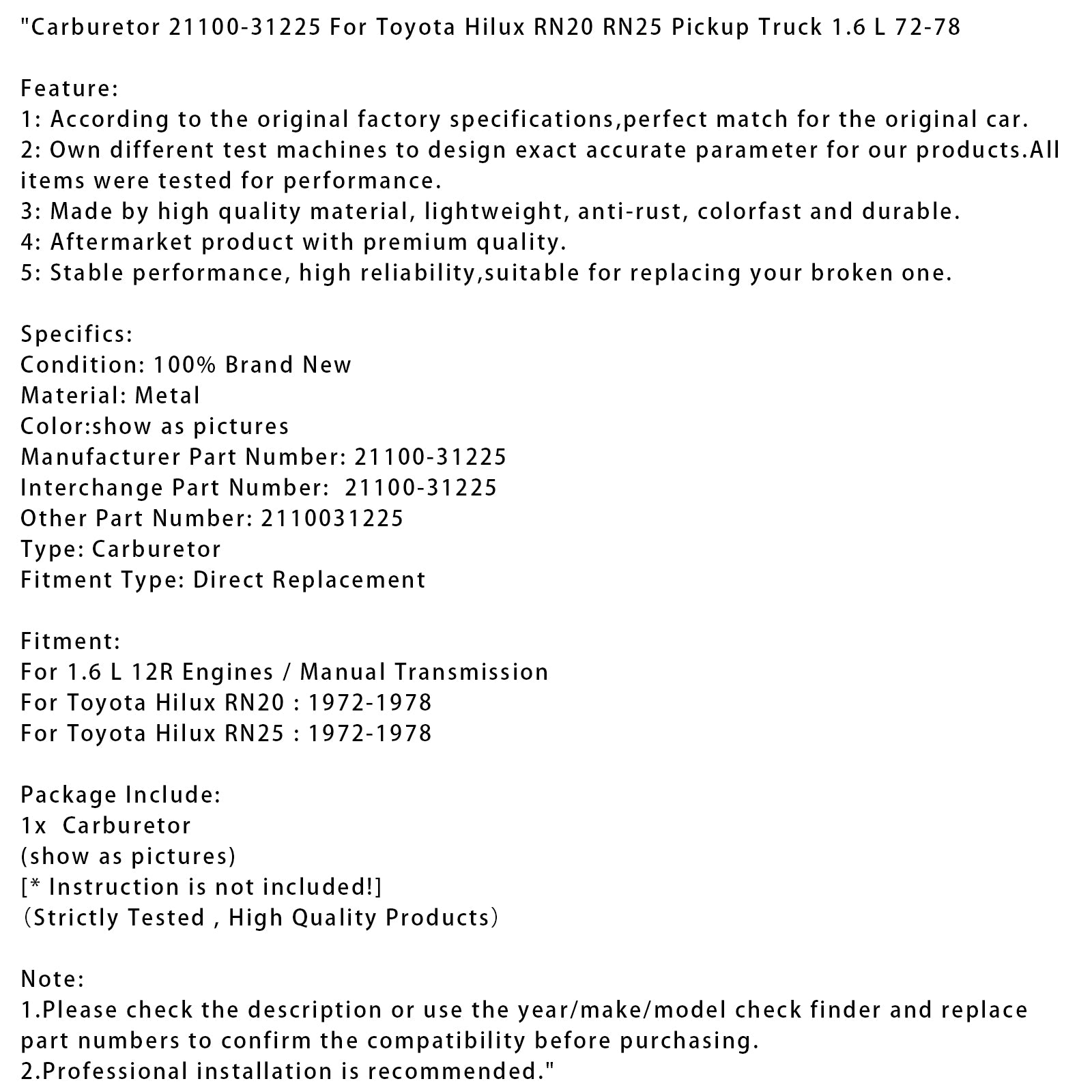 1972-1978 Toyota Hilux RN20 RN25 Pickup 1,6 L förgasare 21100-31225