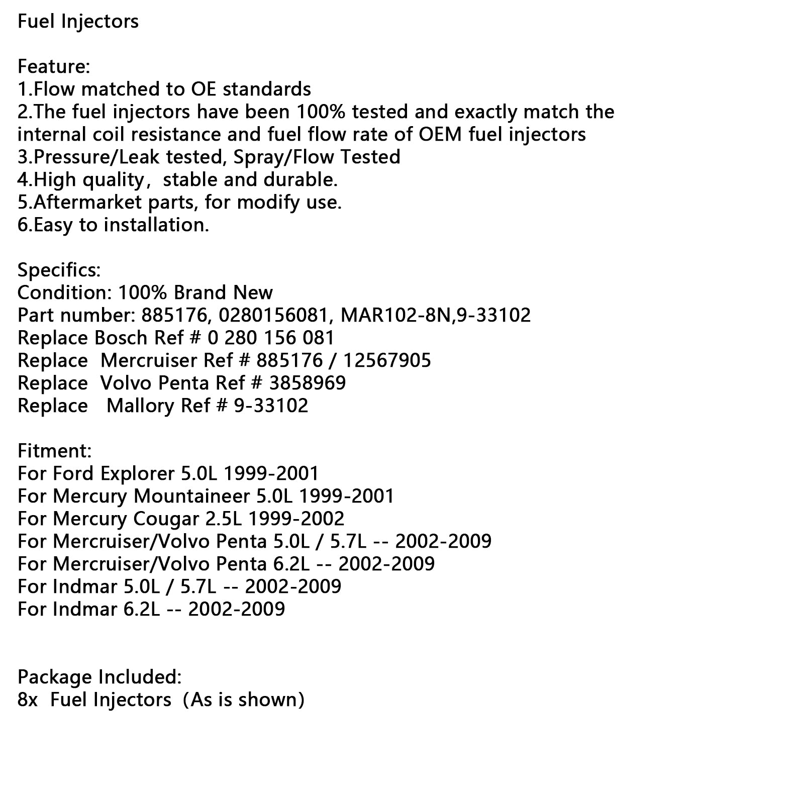 8PCS 885176 0280156081 Drivstoffinjektorer Mar102-8n 9-33102 for Mercury Mercruiser