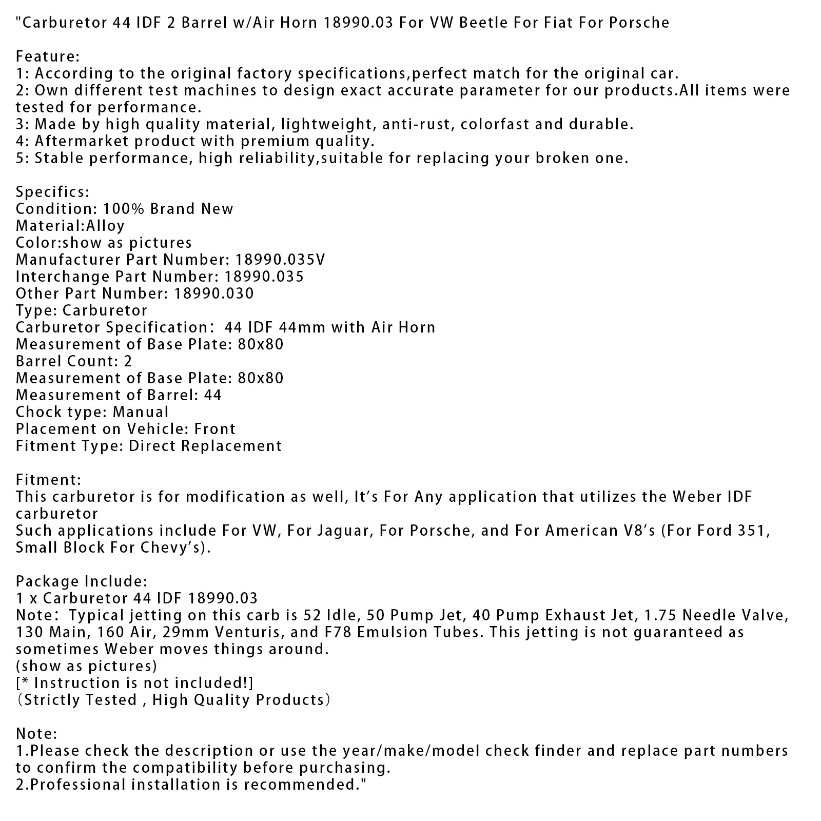 Carburetor 44 IDF 2 Barrel w/Air Horn 18990.03 For VW For Fiat For Porsche