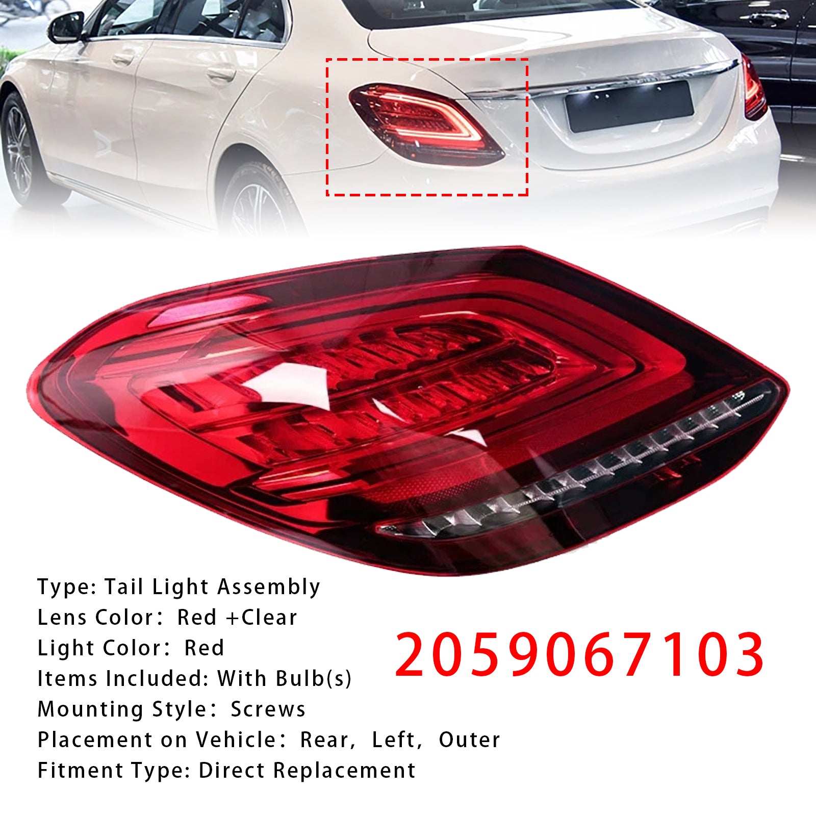 Left LED Rear Tail Light Brake Lamp For Mercedes Benz C-Class W205 2019-2021