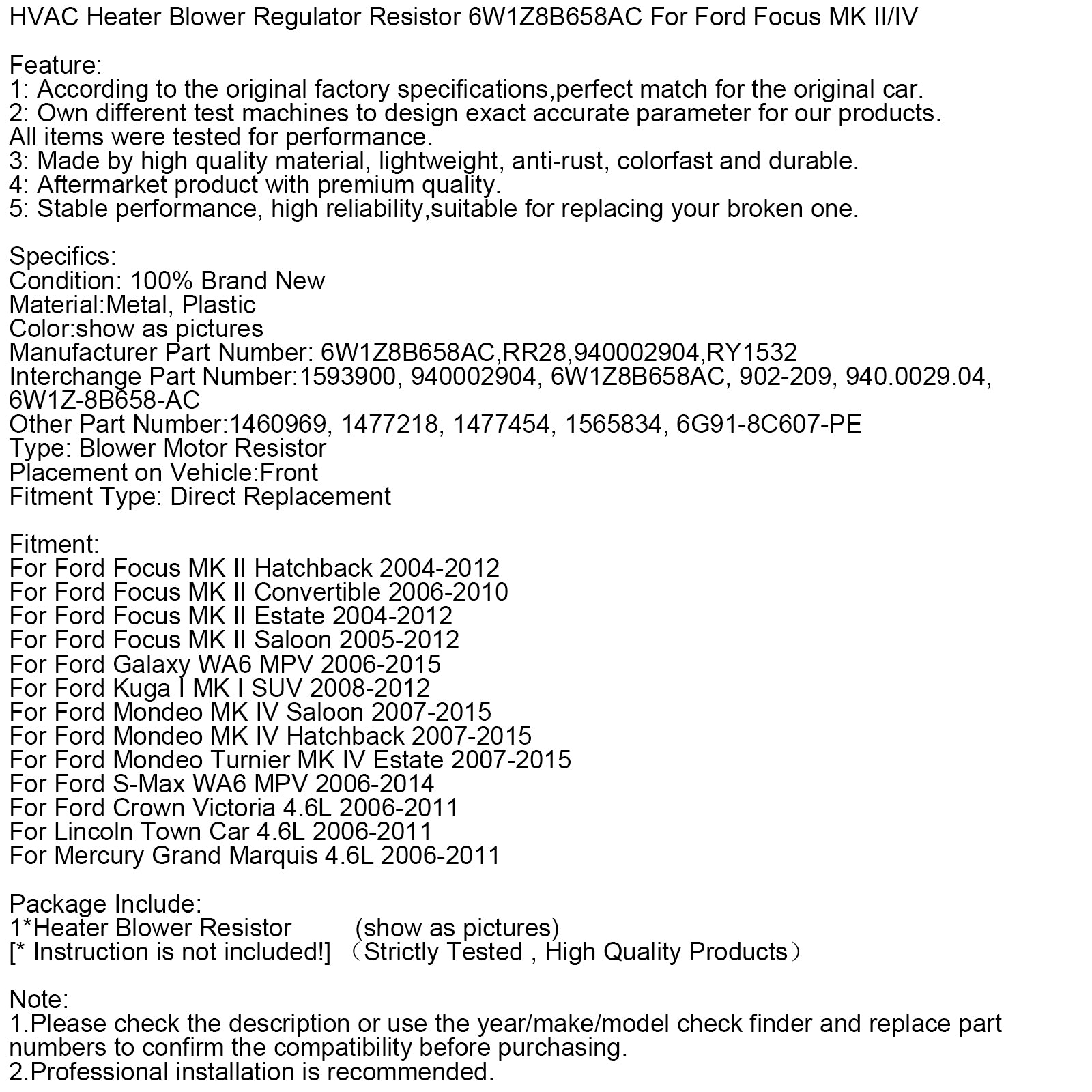 HVAC Heater Blower Regulator Resistor 6W1Z8B658AC For Ford Focus MK II/IV