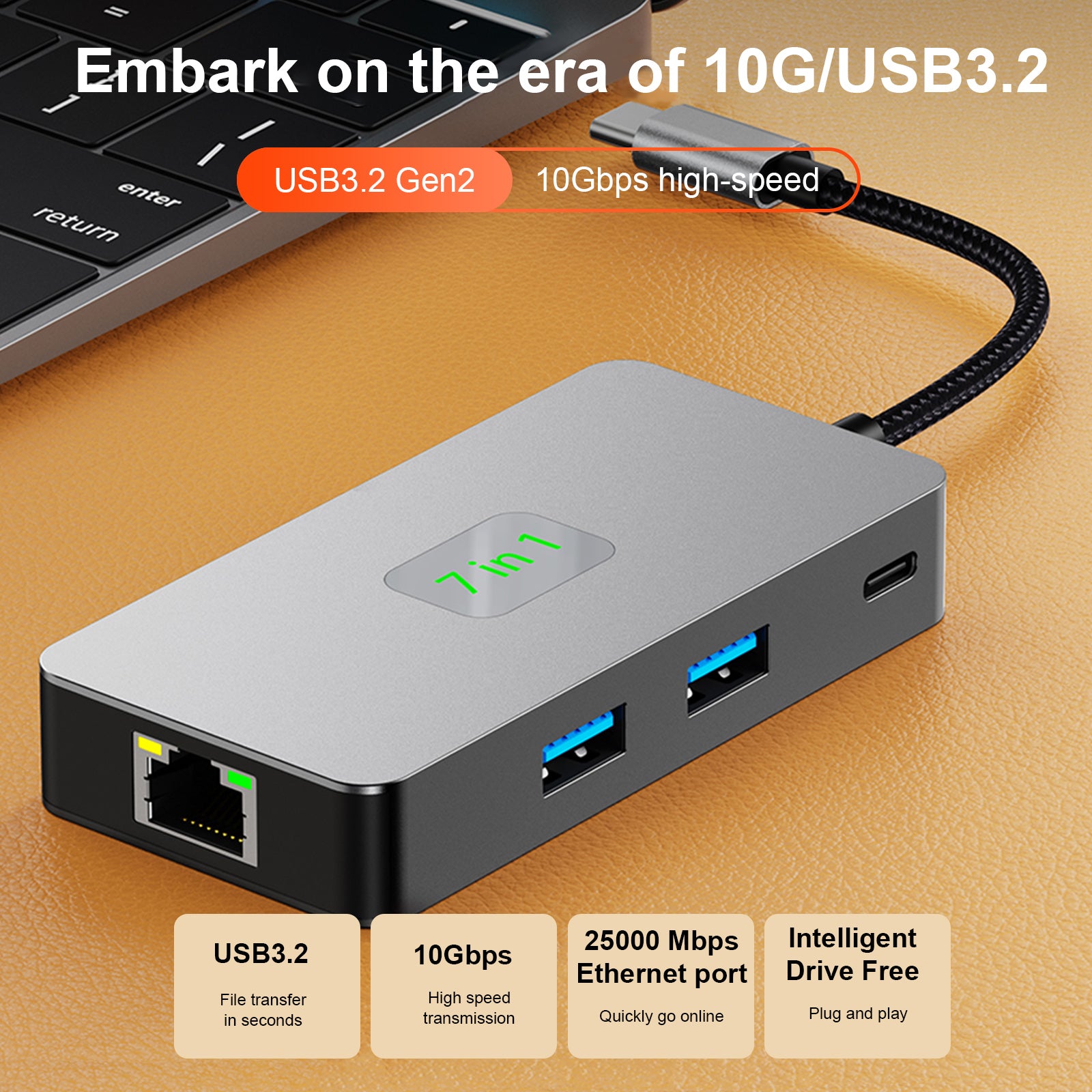 7 en 1 TYPE-CtoRJ45 2.5G 10G USB3.2 HDMI PD100W SD TF Interfaz Hub Adaptador Dock