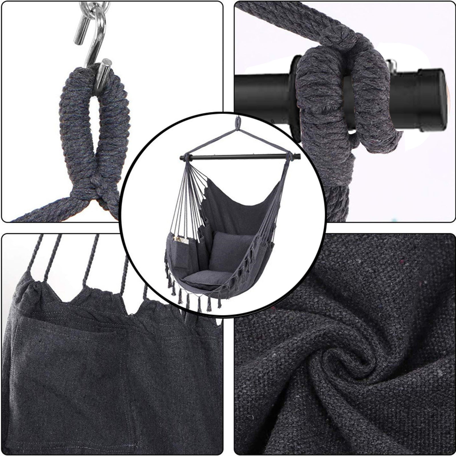 Indoor/Outdoor Hammock Chair Hanging Rope Swing With Cushions 150KG Load Bearing