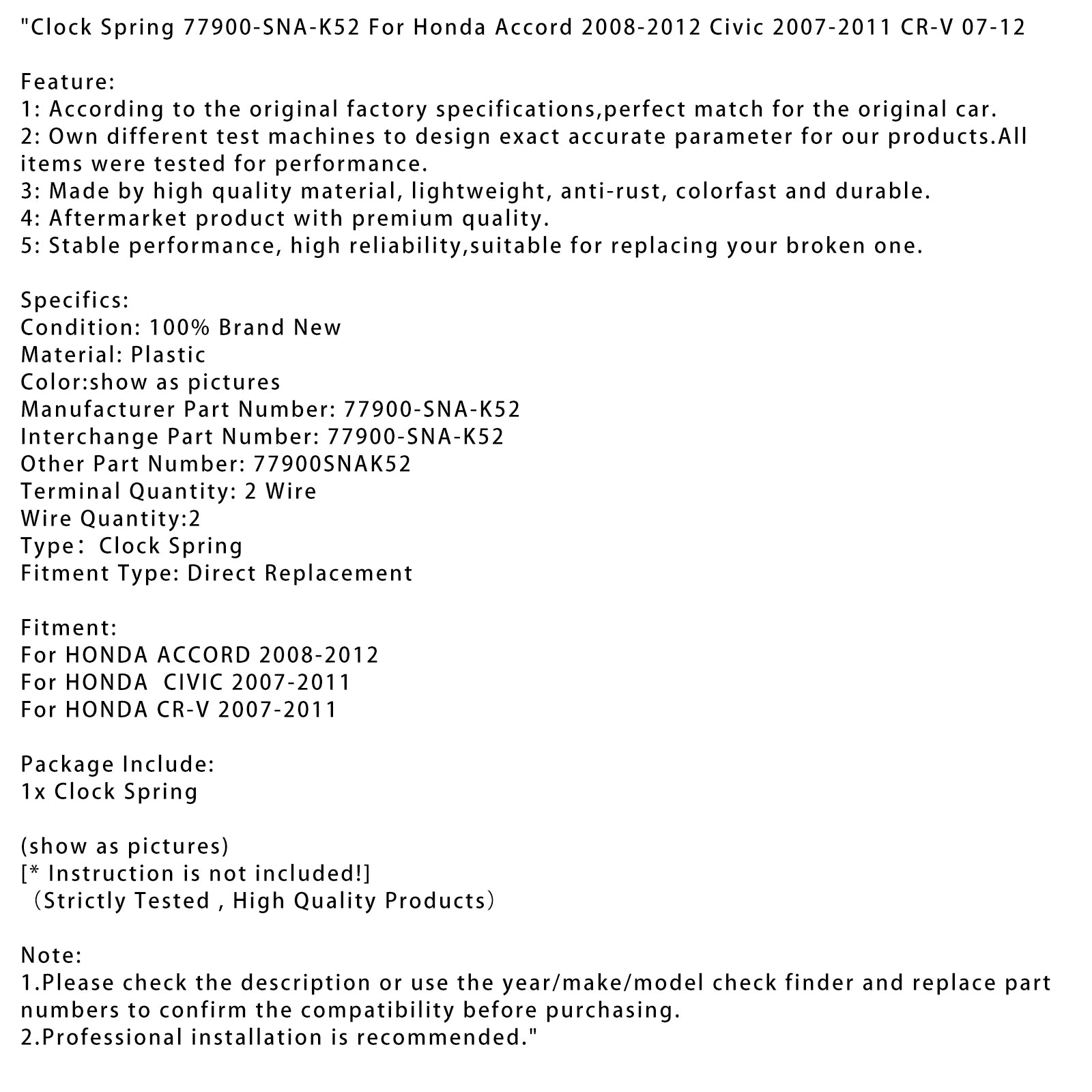 Klokveer 77900-SNA-K52 Voor Honda Accord 2008-2012 Civic 2007-2011 CR-V 07-12