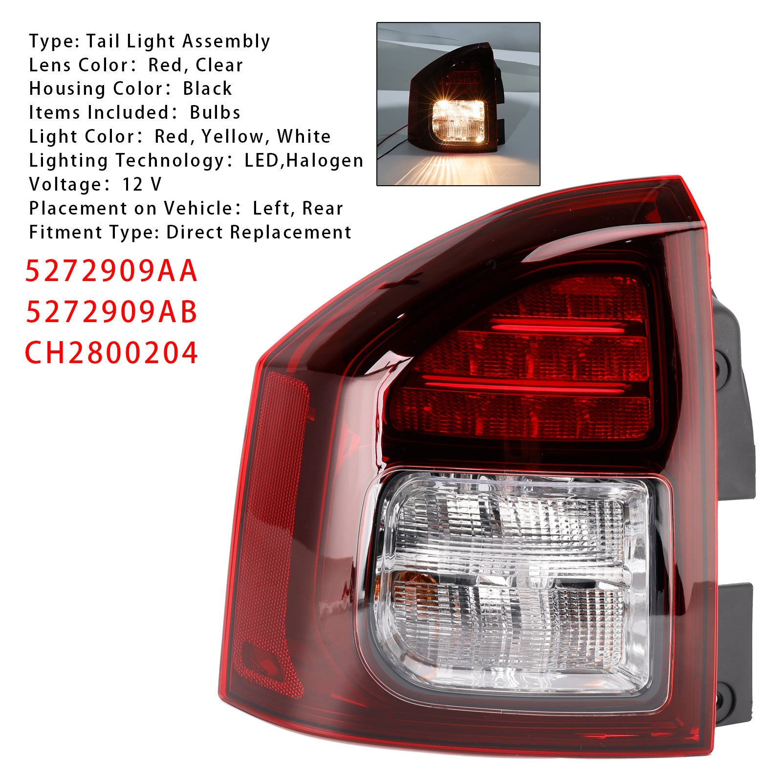 Ensemble de feu arrière gauche pour Jeep Compass 2014 – 2017