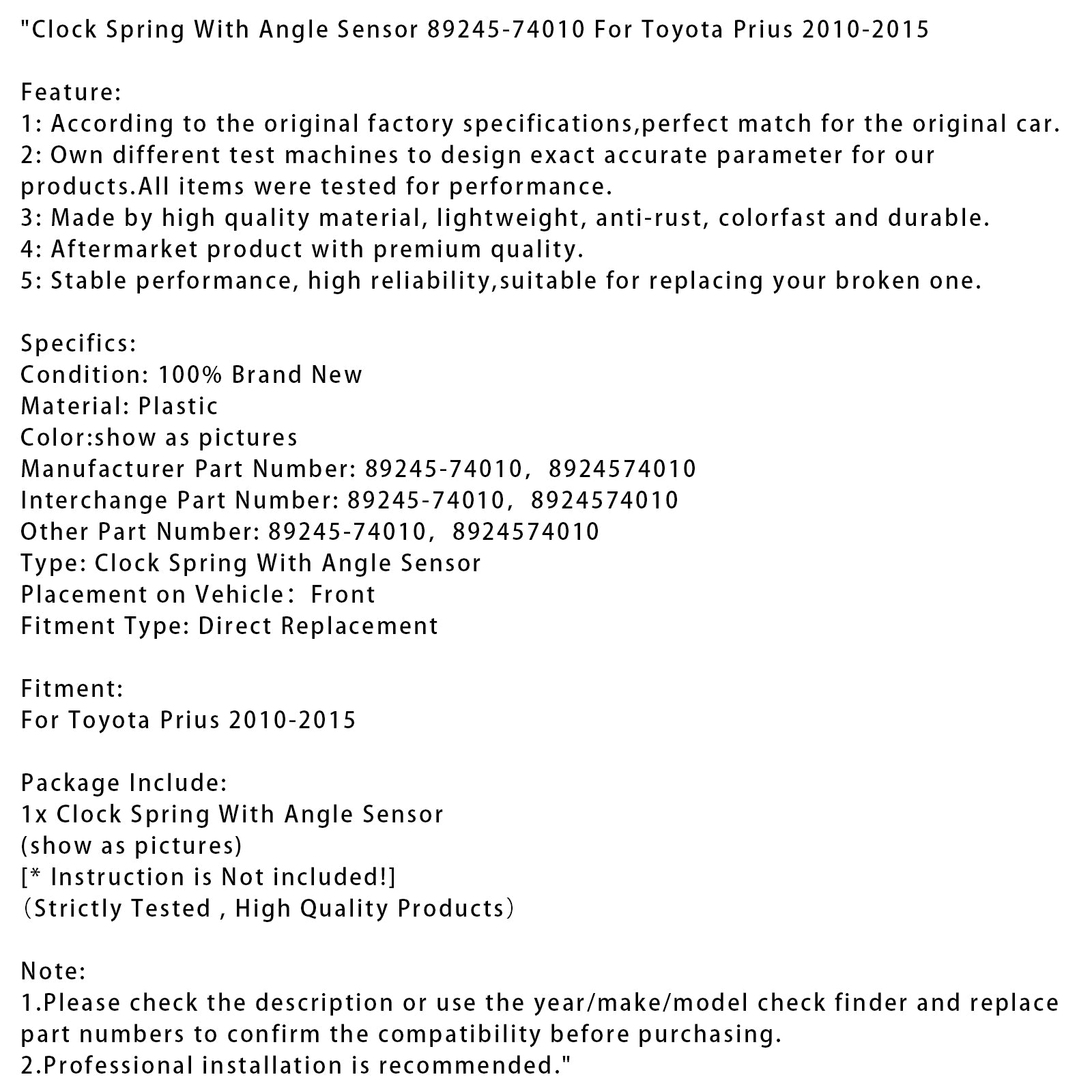Ressort d'horloge Toyota Prius 2010-2015 avec capteur d'angle 89245-74010