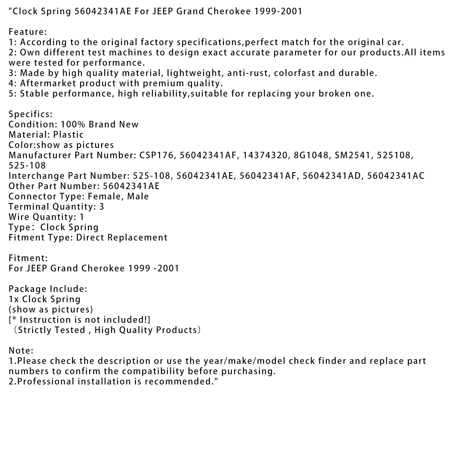 1999-2001 Jeep Grand Cherokee Clock Spring 56042341AE 56042341AD 56042341AF