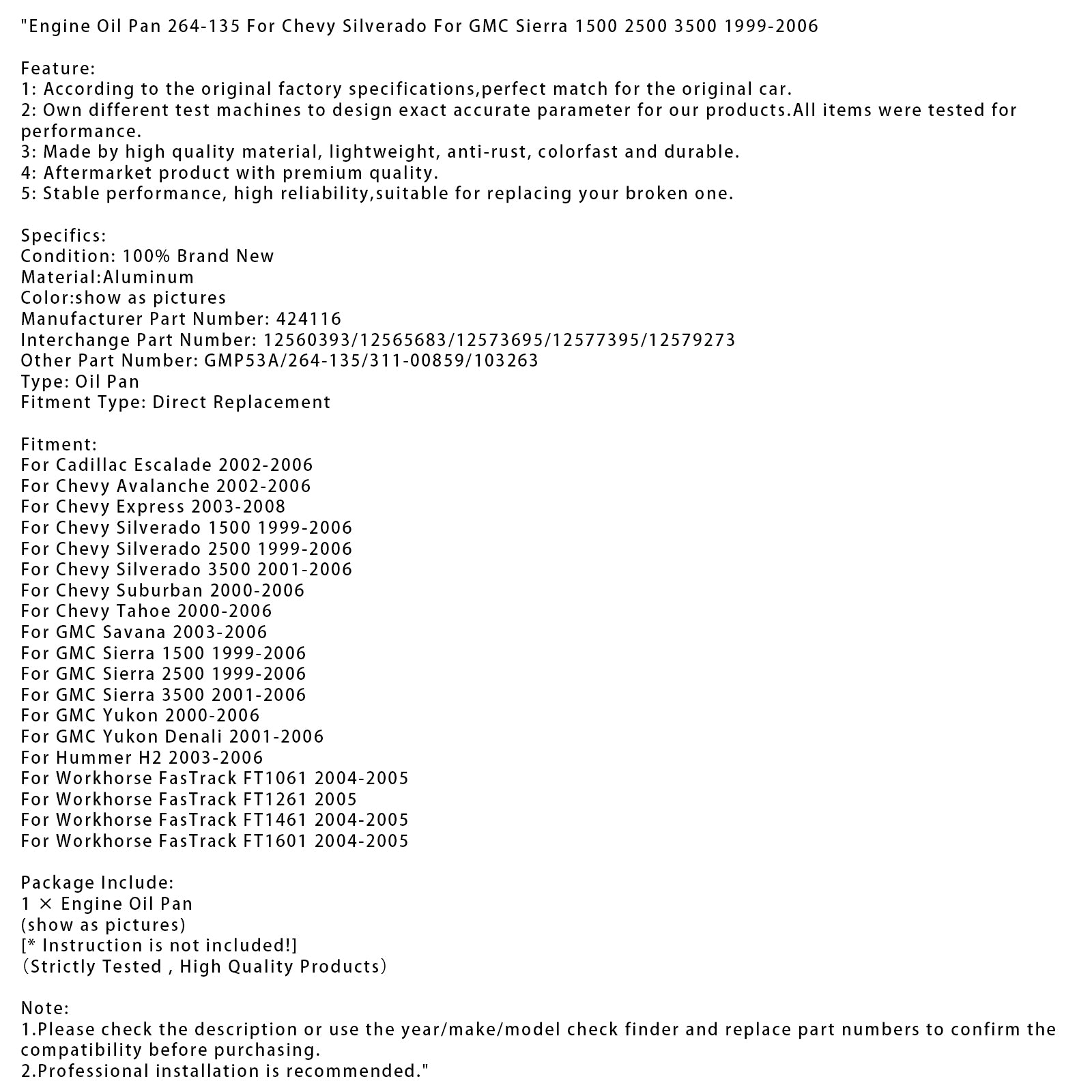 2002-2006 Cadillac Escalade Engine Oil Pan 264-135 424116 12560393