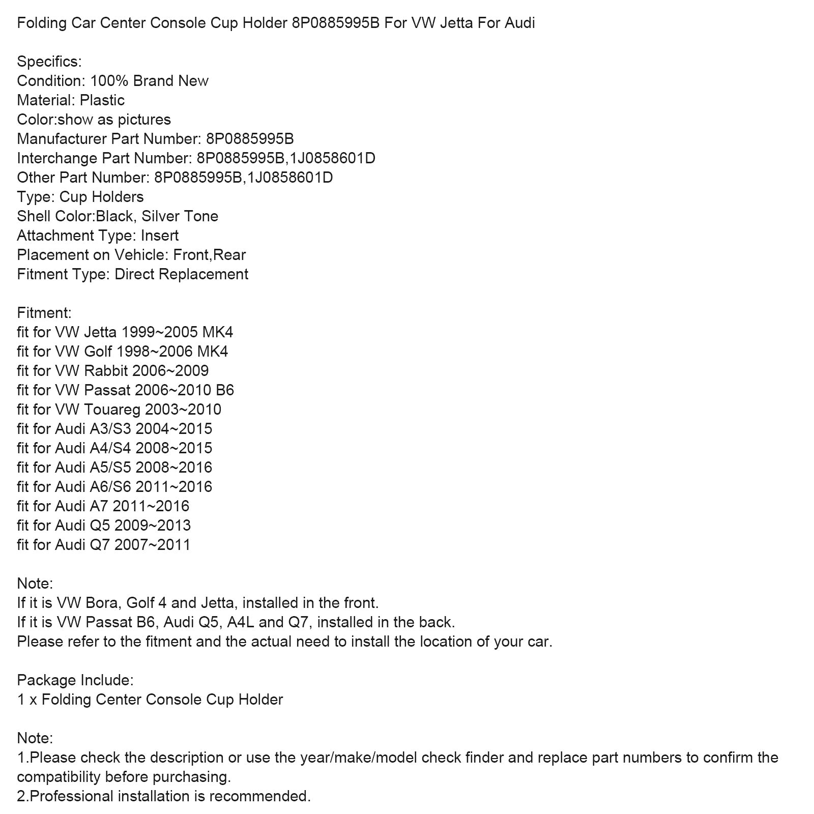 Folding Car Center Console Cup Holder 8P0885995B For VW Jetta For Audi